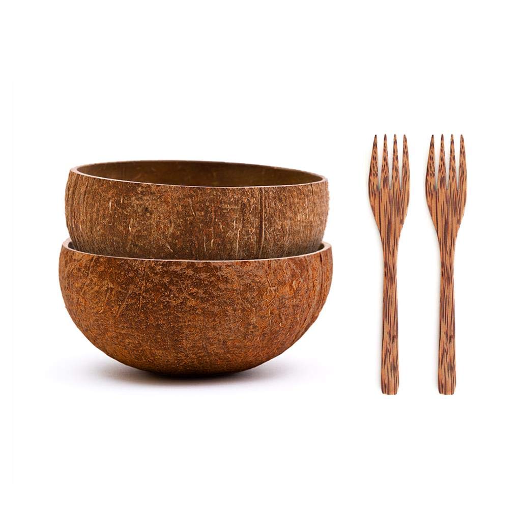 2 Eco-Friendly Raw Coconut Bowls (Jumbo Size) with 2 Coconut Wood Forks - 100% Natural Organic Kitchen Set - Handmade from Reclaimed Coconut Shells - Perfect for Smoothie Bowls, Acai Bowls, Salads & Vegan Meals