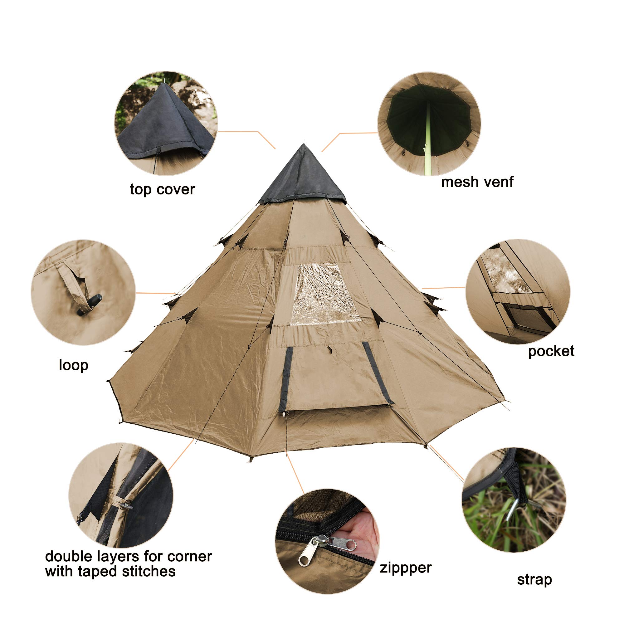 BaiYouDa 3-4 Person Family Camping Teepee Tent - Waterproof & Rainproof Outdoor Shelter for Camping, Hiking & Holidays - Perfect for Backyard Adventures, Beach Trips & Family Bonding