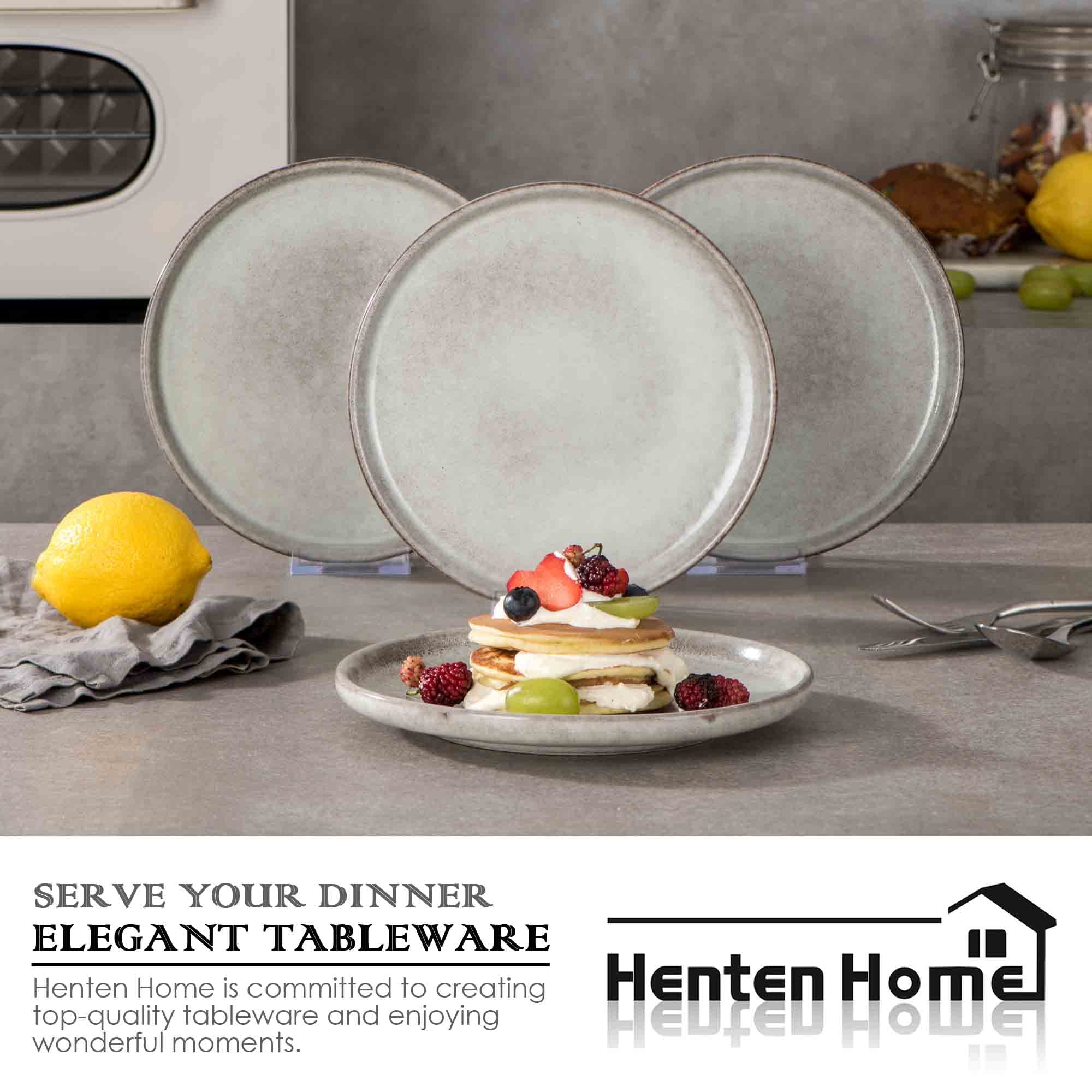 Henten Home 8 Inch Ceramic Dessert Plates Set of 4, Porcelain Salad & Snack Plates with Fluted Edge, Scratch Resistant Stoneware Dishes with Reactive Glaze (Grey) - Perfect for Cake Serving, Kitchen Dining, and Party Entertaining