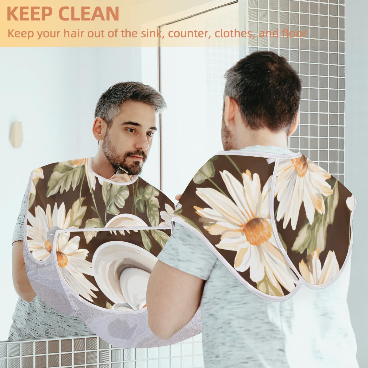 Men's Coffee Flower Print Shaving Bib - Waterproof Beard Trimming Apron for Hair Dye & Makeup, Salon Sink Hair Catcher with Adjustable Neck Strap - Perfect Barber Accessory & Grooming Gift for Dad