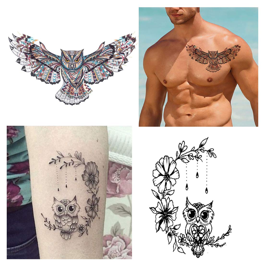 Voorkoms® Owl with Flower Temporary Tattoos - Waterproof Fake Body Art for Men & Women - Perfect for Parties, Halloween, and Festivals