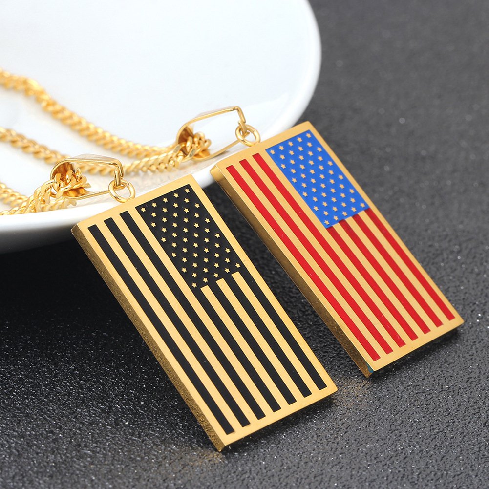 USA Flag Dog Tag Necklace - Patriotic Stars & Stripes Pendant with 24