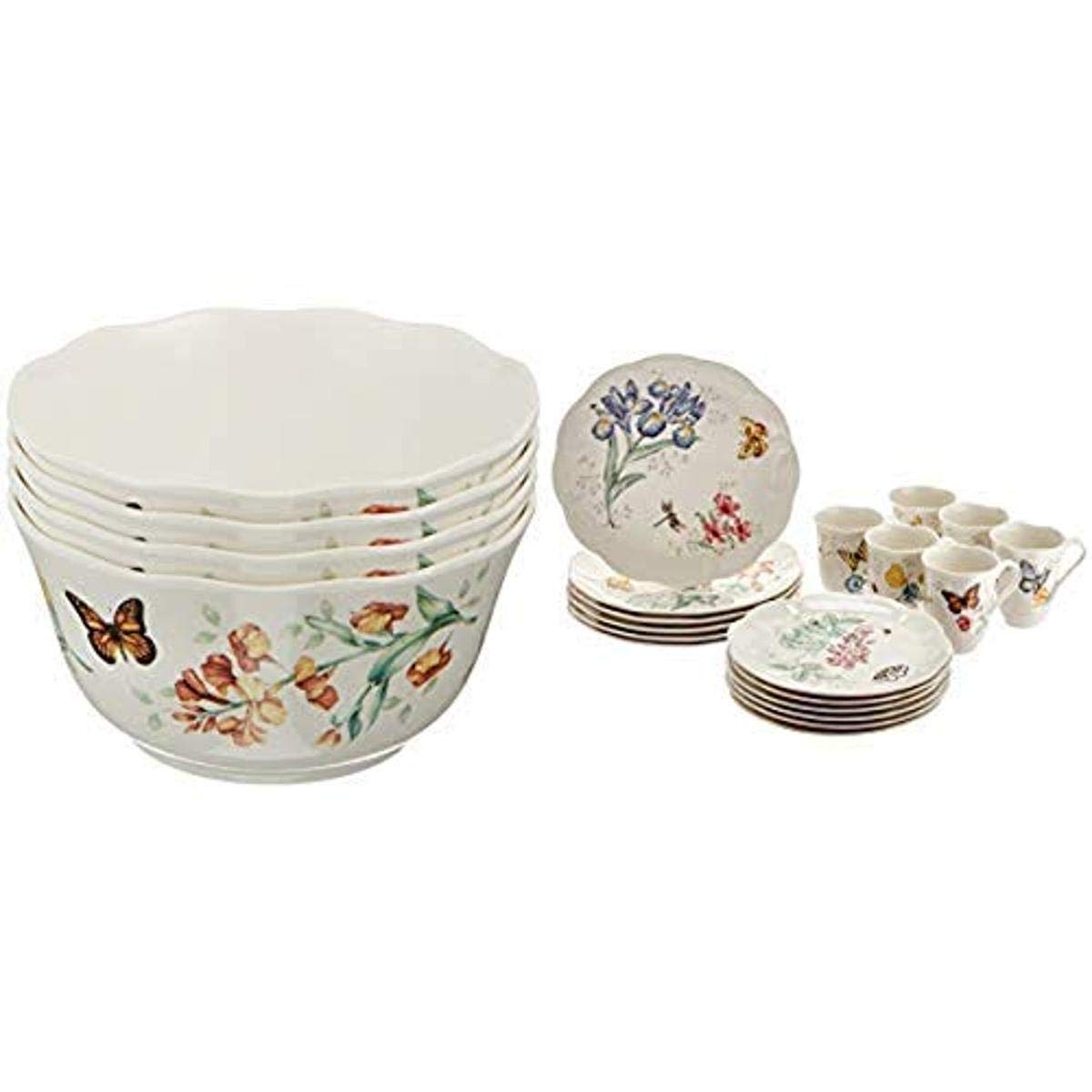 Lenox 856406 Butterfly Meadow Melamine All Purpose Bowls, 16 Ounces, White and Butterfly Meadow 18-Piece Dinnerware Set, Service for 6 - Durable Melamine Dinnerware for Outdoor Dining, Picnics, and Everyday Use