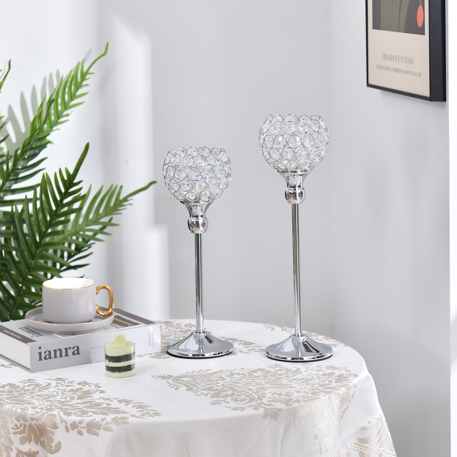 VINCIGANT Silver Crystal Votive Candle Holders Set of 2 - Elegant Tea Light Candle Stand for Wedding Centerpieces, Dining Table Decor, Christmas, Housewarming Gifts - Perfect for Romantic Dinners, Holiday Decorations & Special Occasions