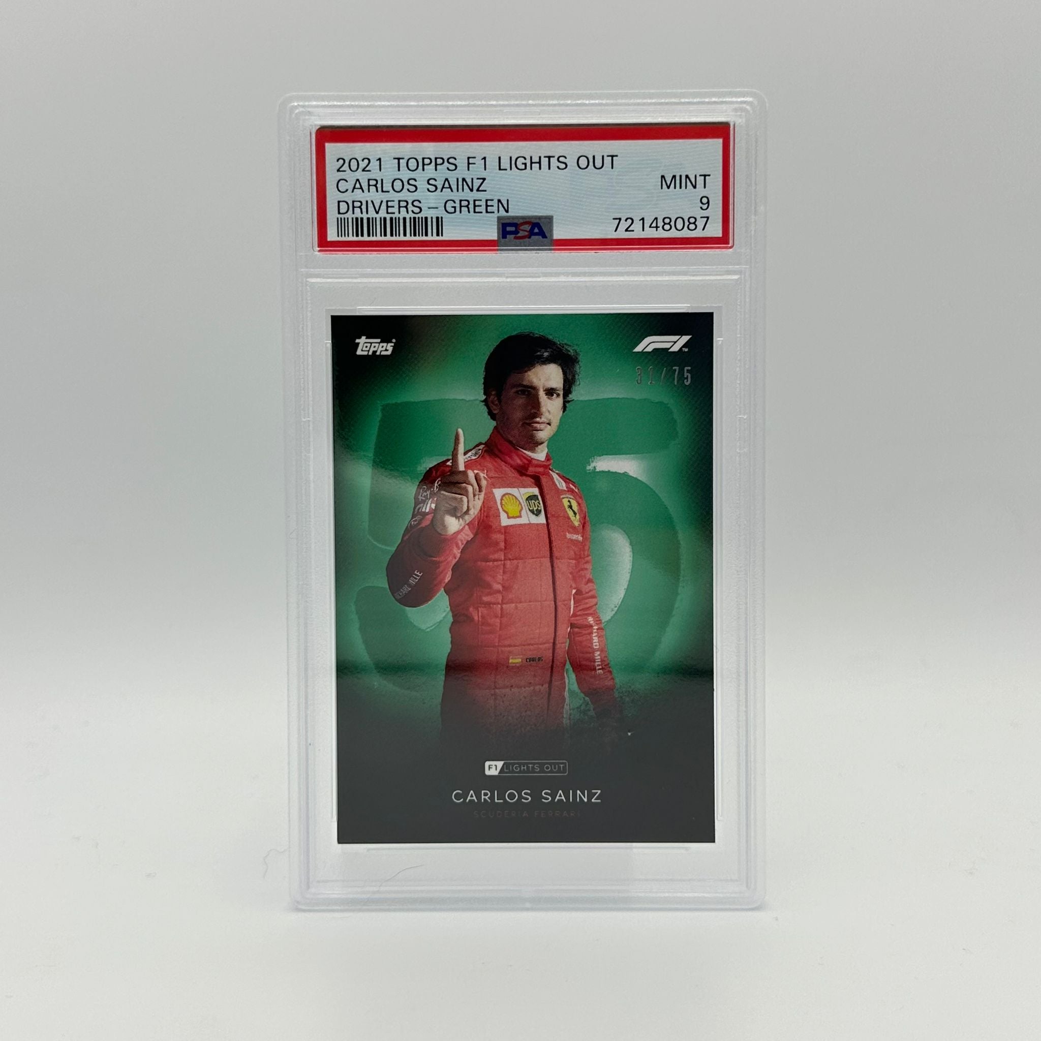 PSA 9 Graded 31/75 Carlos Sainz Green Parallel Racing Card - Perfect for F1 Collectors, Sports Memorabilia Enthusiasts, and Racing Fans
