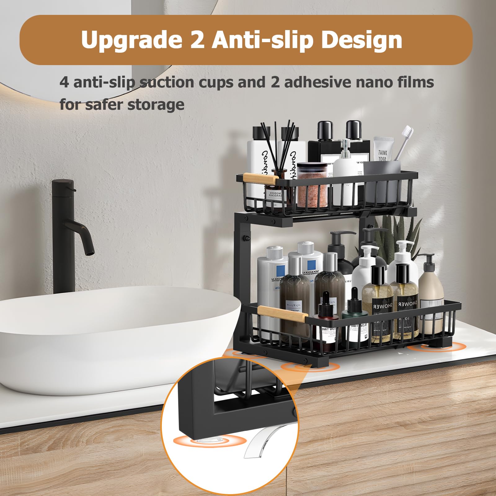 2 Pack Under Sink Organizer - Adjustable Height Metal Pull Out Cabinet Storage Shelves for Kitchen & Bathroom | Space Saving Under Sink Organizer for Cleaning Supplies, Sponges & Toiletries (Black)