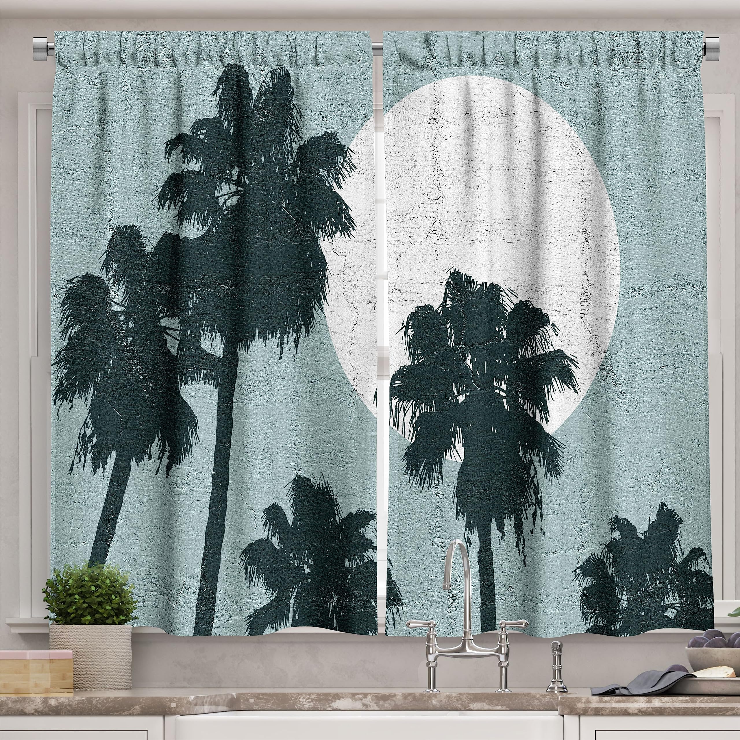 Ambesonne Tropical Island Long Kitchen Curtains - Hand-Drawn Palm Trees & Sun Design, 2-Panel Rod Pocket Drapes for Windows, 55