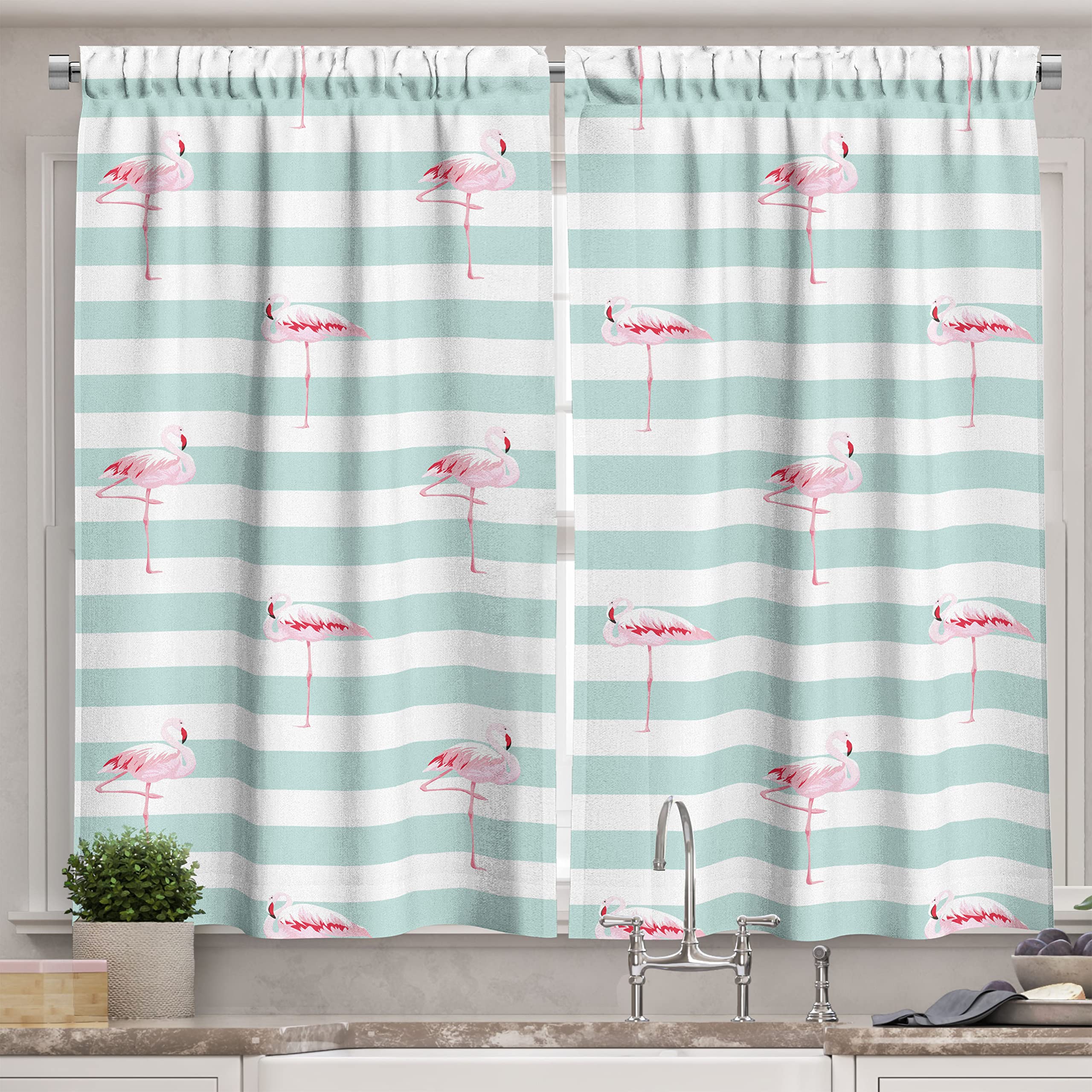 Ambesonne Modern Long Kitchen Curtains - Pink Flamingo Birds on Striped Tropical Background, 2 Panel Drapes with Rod Pocket, 55