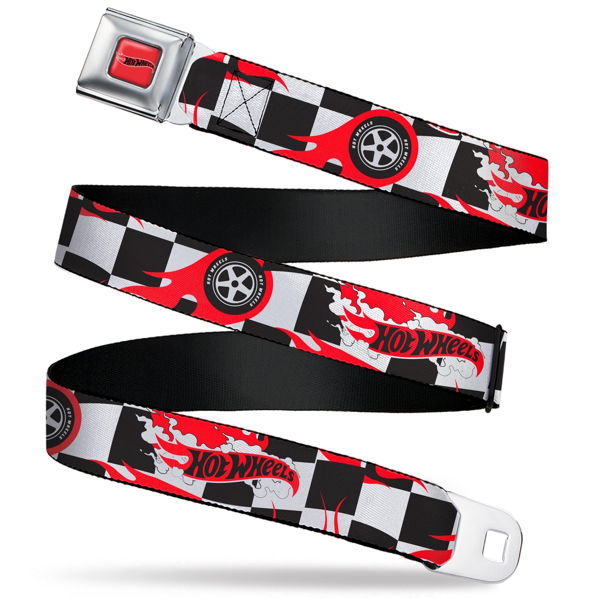 Hot Wheels Logo & Tire Burnout Checker Belt - Adjustable Seatbelt Buckle Strap for Men & Women - Perfect for Car Enthusiasts, Cosplay, and Everyday Fashion