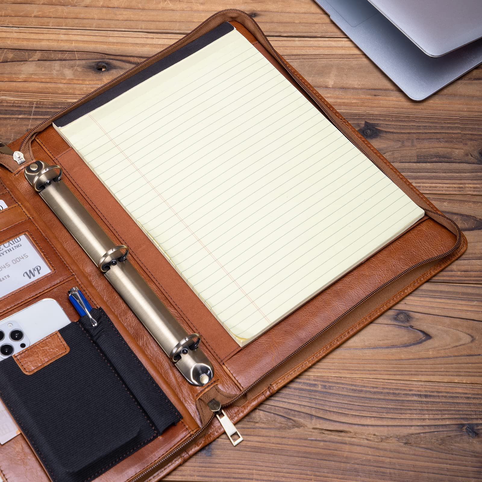 Premium Genuine Full Grain Leather Portfolio with 3-Ring Binder - Zippered A4 Notebook Holder & Laptop Sleeve - Professional Organizer Folder for Men & Women (Brown, Oil-Tanned) - Perfect for Business Meetings, Office Work & Executive Gifts