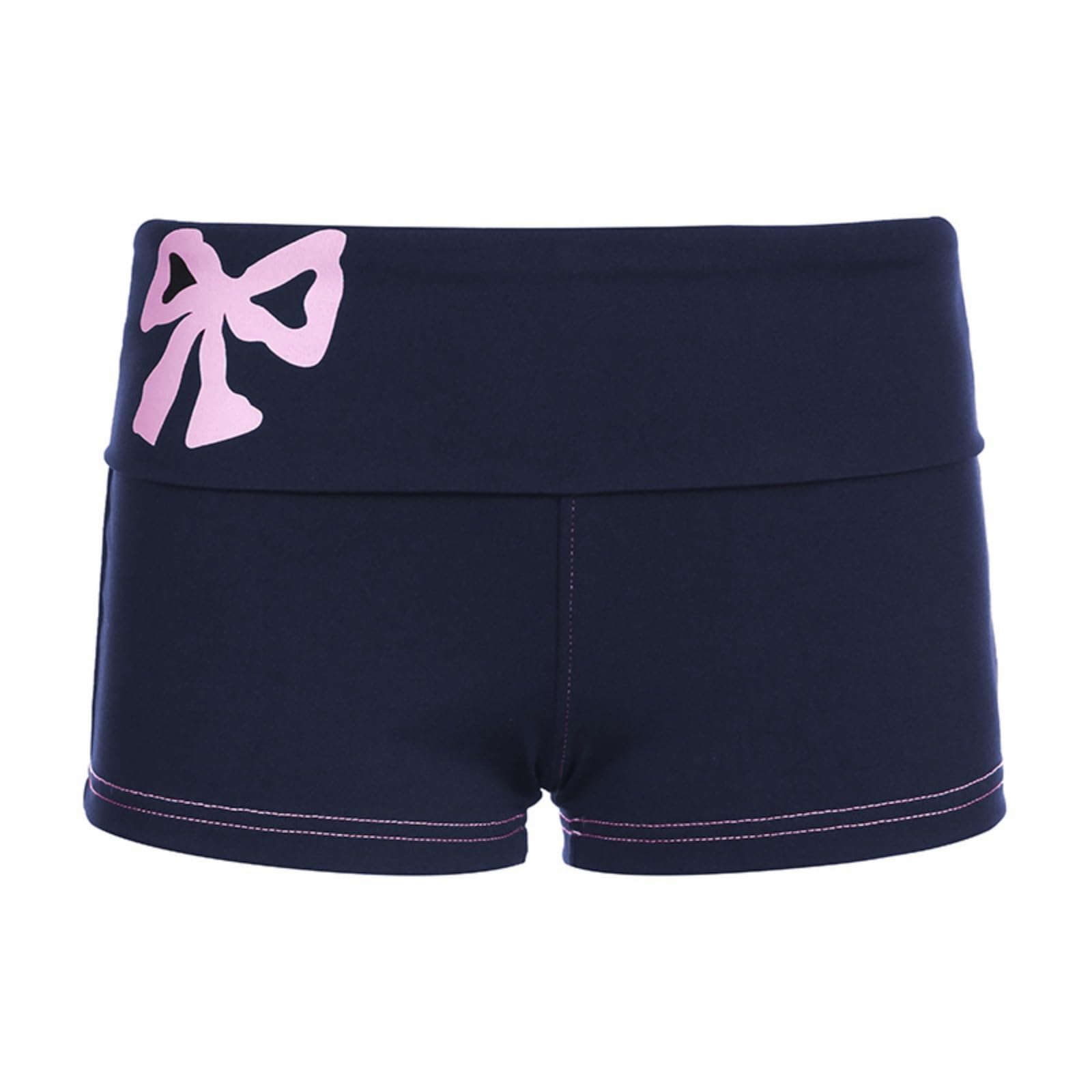 Women's Sporty Hot Shorts - Low Waist Fold Over Design with Pink Bow Print | Perfect for Summer Workouts, Beach Outings & Casual Wear