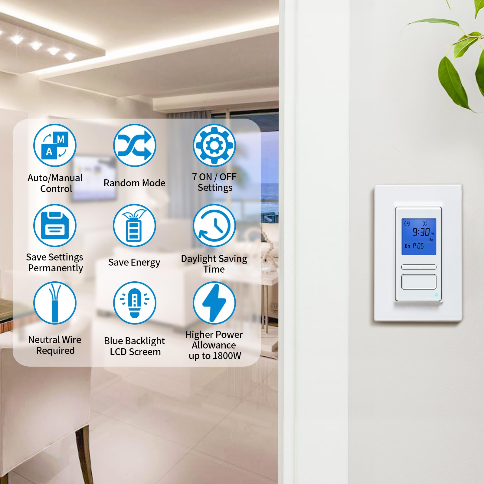 7-Day Programmable Light Switch Timer with Blue Backlight LCD - In-Wall Digital Timer for Lights, Fans & Motors - Sunrise/Sunset Auto On/Off - Neutral Wire Required - Perfect for Home, Office & Outdoor Lighting Automation