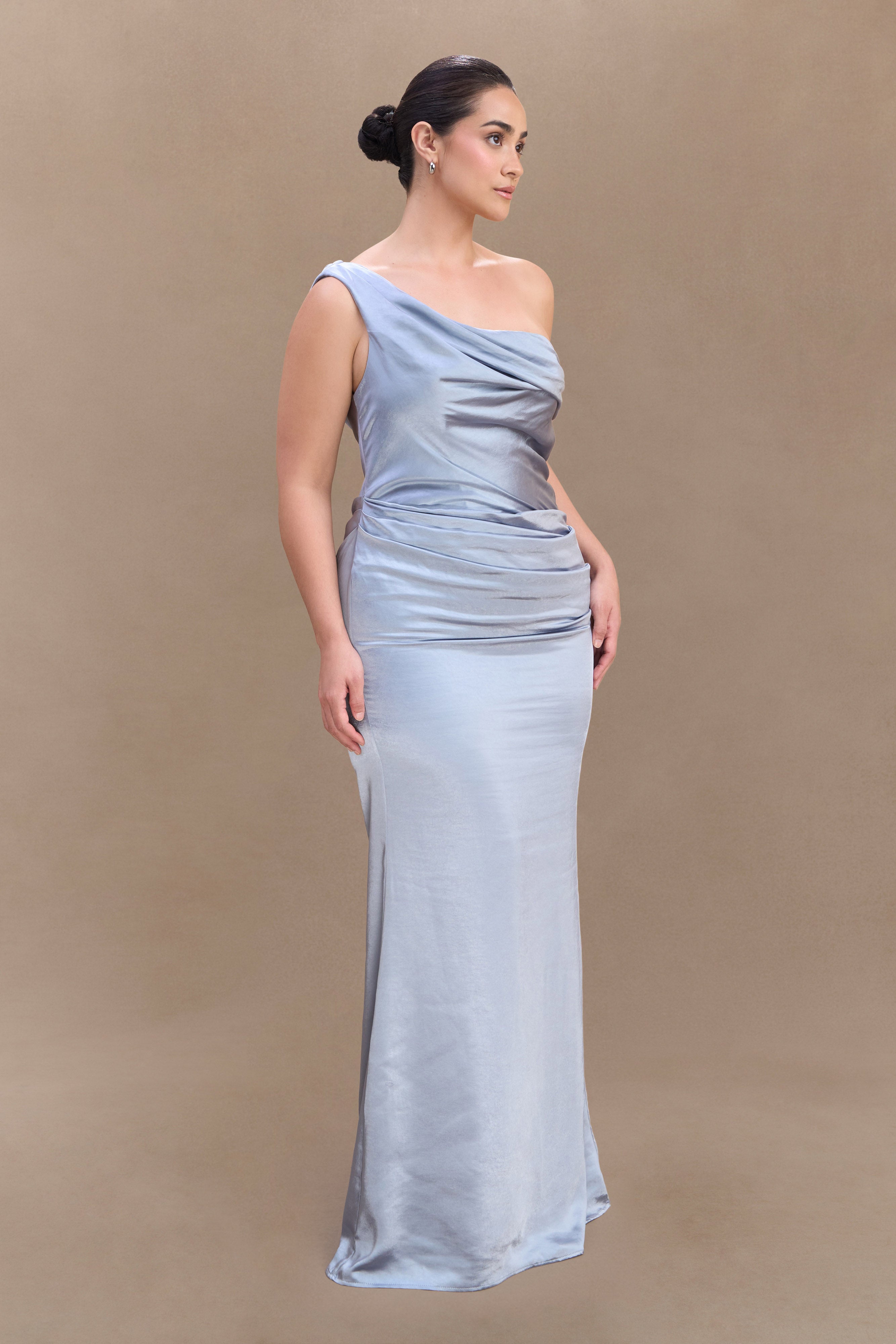 Elegant Off Shoulder Satin Maxi Dress for Women - Frosted Blue | Perfect for Weddings, Parties & Special Occasions