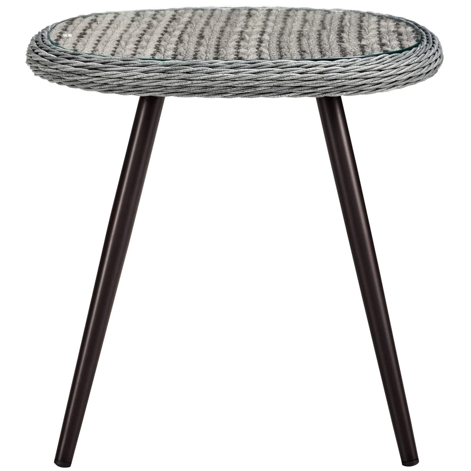 Modern Outdoor Patio Side Table - Grey Rattan Wicker Glass Top Coffee Table for Balcony, Lounge, Garden & Poolside Decor