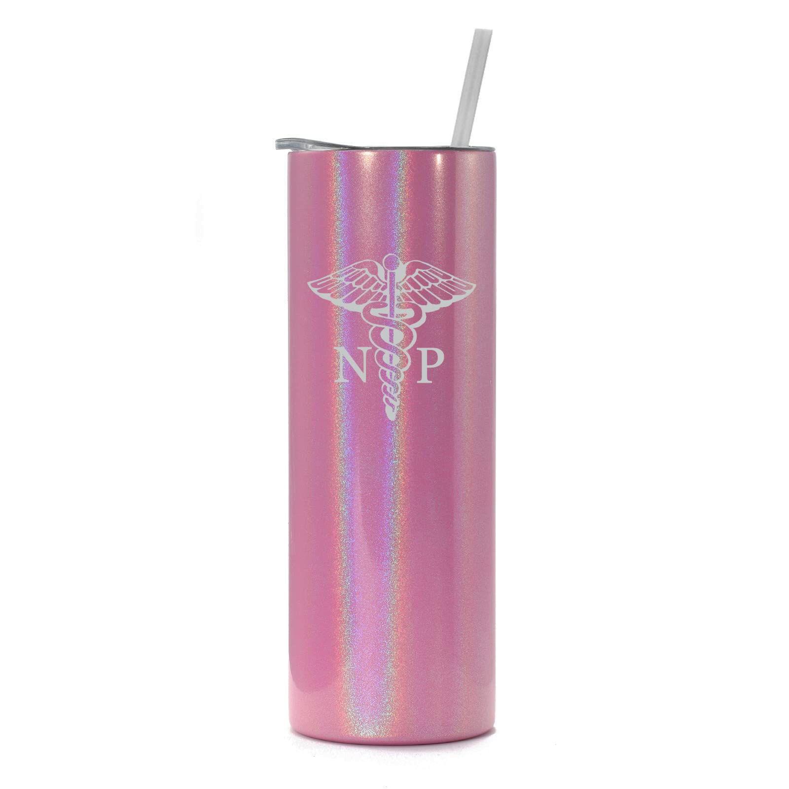 20 oz Skinny Tall Stainless Steel Vacuum Insulated Tumbler with Straw - NP Nurse Practitioner Caduceus Design in Pink Iridescent Glitter - Perfect for Travel, Office & Gift Giving