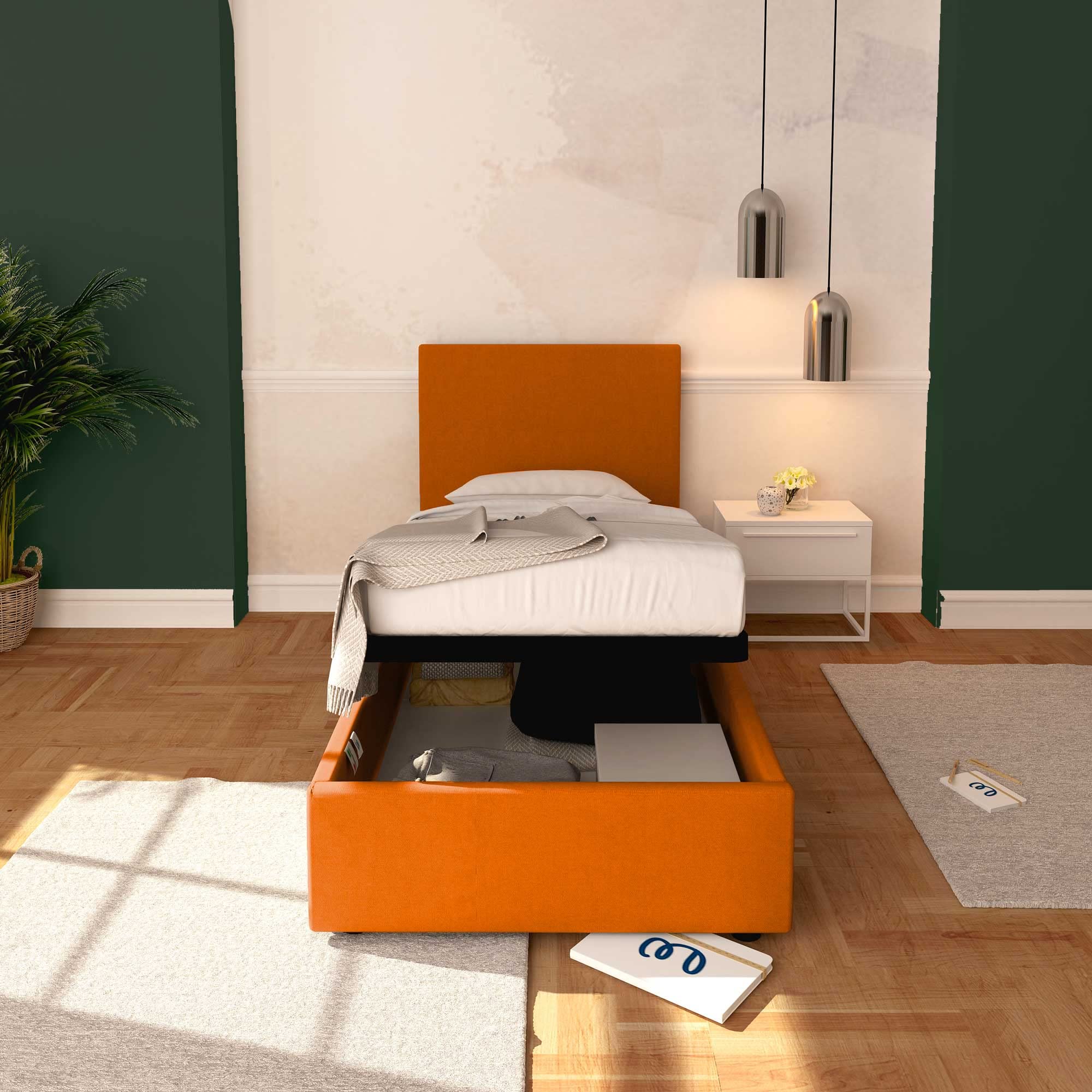 Baldiflex Single Bed with Storage - Rossano Model Synthetic Leather Upholstery, Slatted Base for Single Mattresses, 80 x 200 cm, Elegant Headboard in Orange - Perfect for Small Bedrooms, Guest Rooms & Studio Apartments