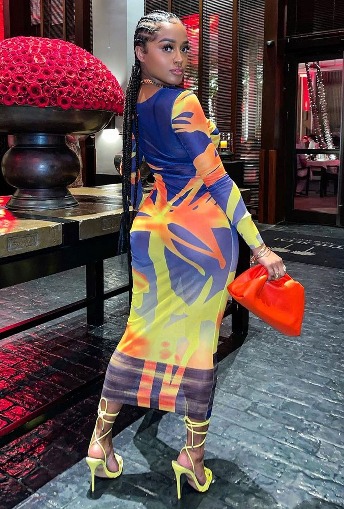 BYDIVA Women's Sunset Print Sheer Mesh Bodycon Long Dress - Sexy Summer Beach Vacation Dress for Pool Party, Evening Out, and Date Night