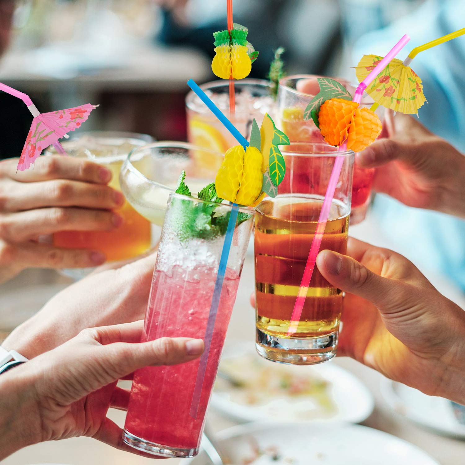 100-Pack Disposable Straws - Flamingo & Pineapple Design Fruit & Umbrella Straws for Cocktails, Soft Drinks - Tropical Party Decor for Hawaiian Luau, Poolside Drinks & Summer Celebrations (50 Flamingo + 50 Pineapple Straws)