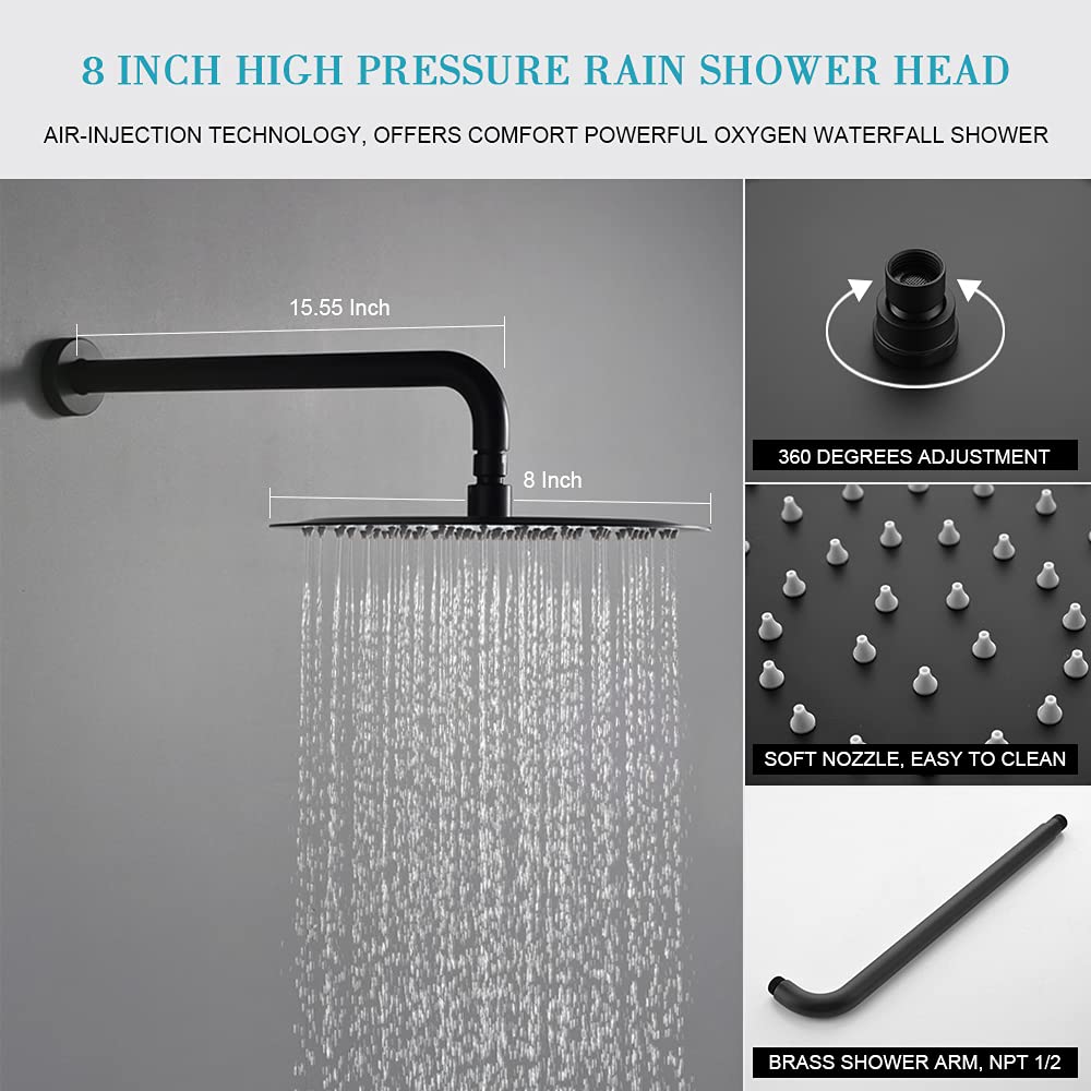 Premium Matte Black Shower System - 8 Inch Rainfall Shower Head & Handheld Sprayer - Complete Wall Mounted Bathroom Faucet Set - Perfect for Modern Bathrooms & Spa-Like Showers