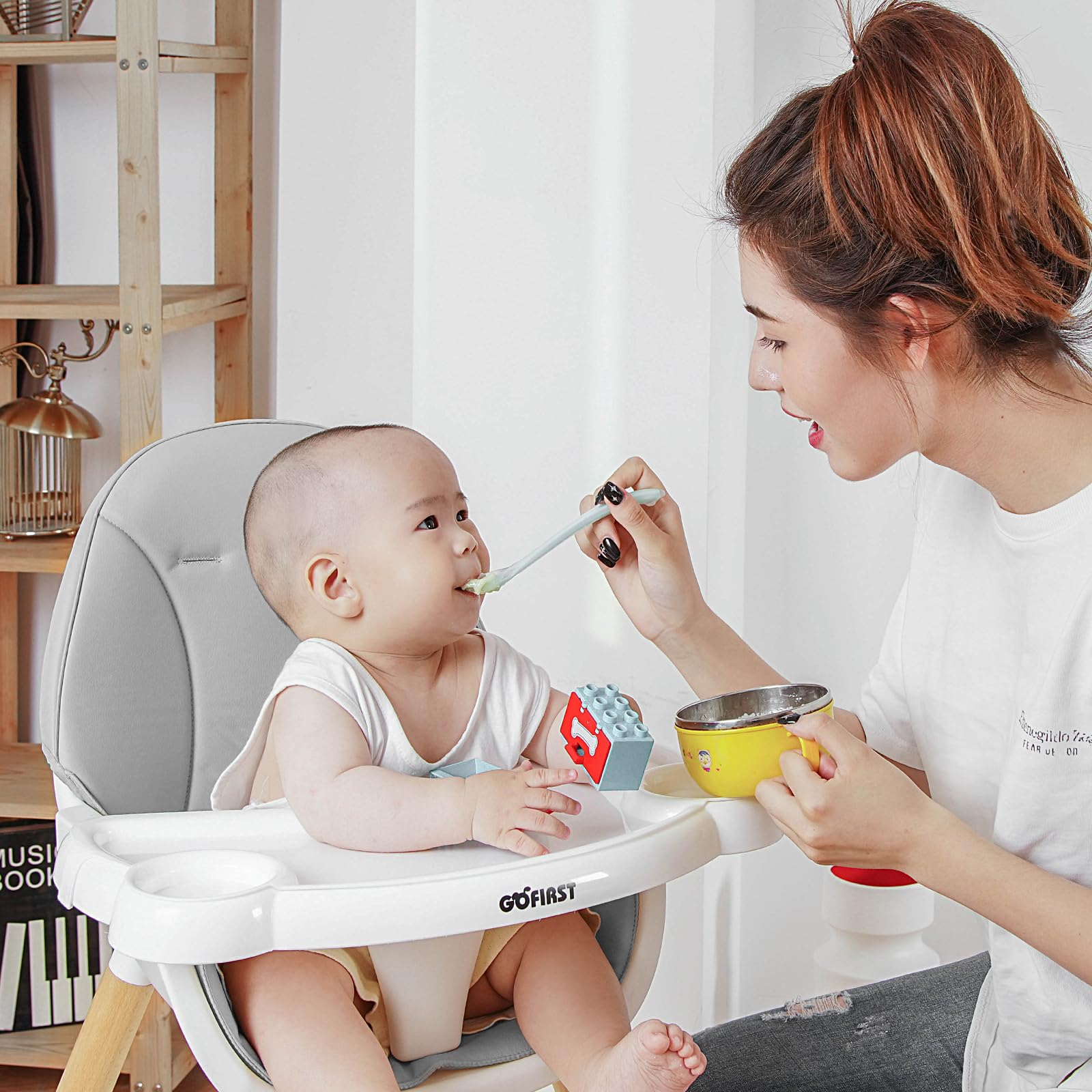 Gofirst 6-in-1 Convertible Wooden High Chair for Babies & Toddlers - Adjustable Infant Dining Booster Seat with Building Block Table - 4-Position Removable Baby Feeding Chair for Home, Restaurant & Travel Use