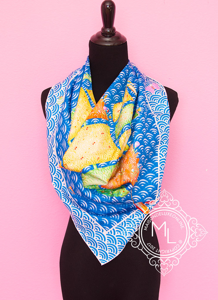 Authentic Hermes Blue & Yellow Twill Silk 90cm Bateau Fleuri Scarf - Luxury Fashion Accessory for Women, Perfect for Gifts & Special Occasions