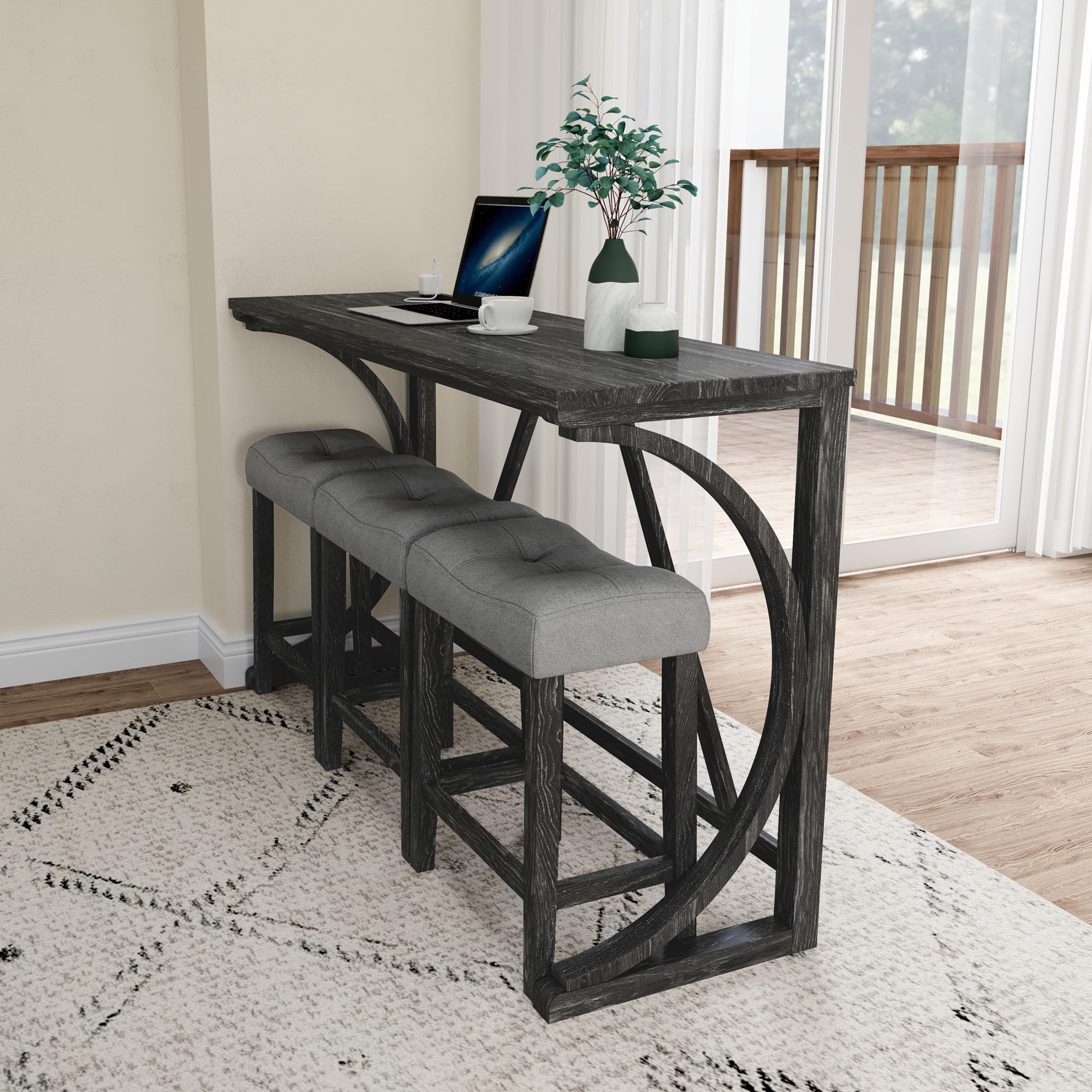 Knocbel Industrial 3-Person Counter Height Bar Table Set with Built-in Power Outlet - 4-Piece Dinette Set with Padded Seat Stools - Compact Space Saving Pub Bistro Dining Furniture for Apartments, Condos & Small Homes (Black) - Perfect for Breakfast Nooks, Kitchen Islands & Entertaining Guests