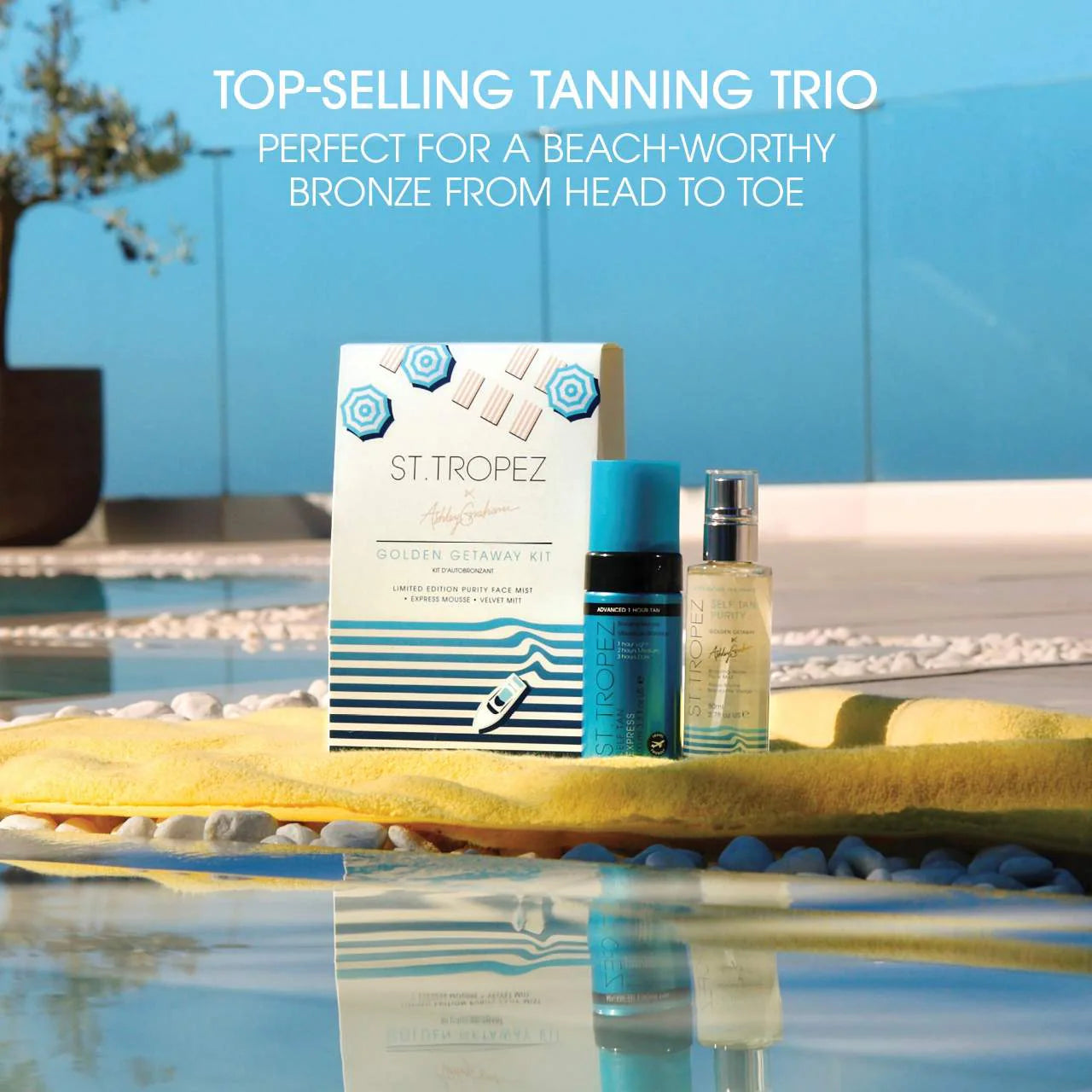 St. Tropez x Ashley Graham Self Tan Golden Getaway Kit - Vegan Self Tanner & Tanning Mitt Set for Natural Glow | Perfect for Vacations, Beach Trips & Summer Tanning