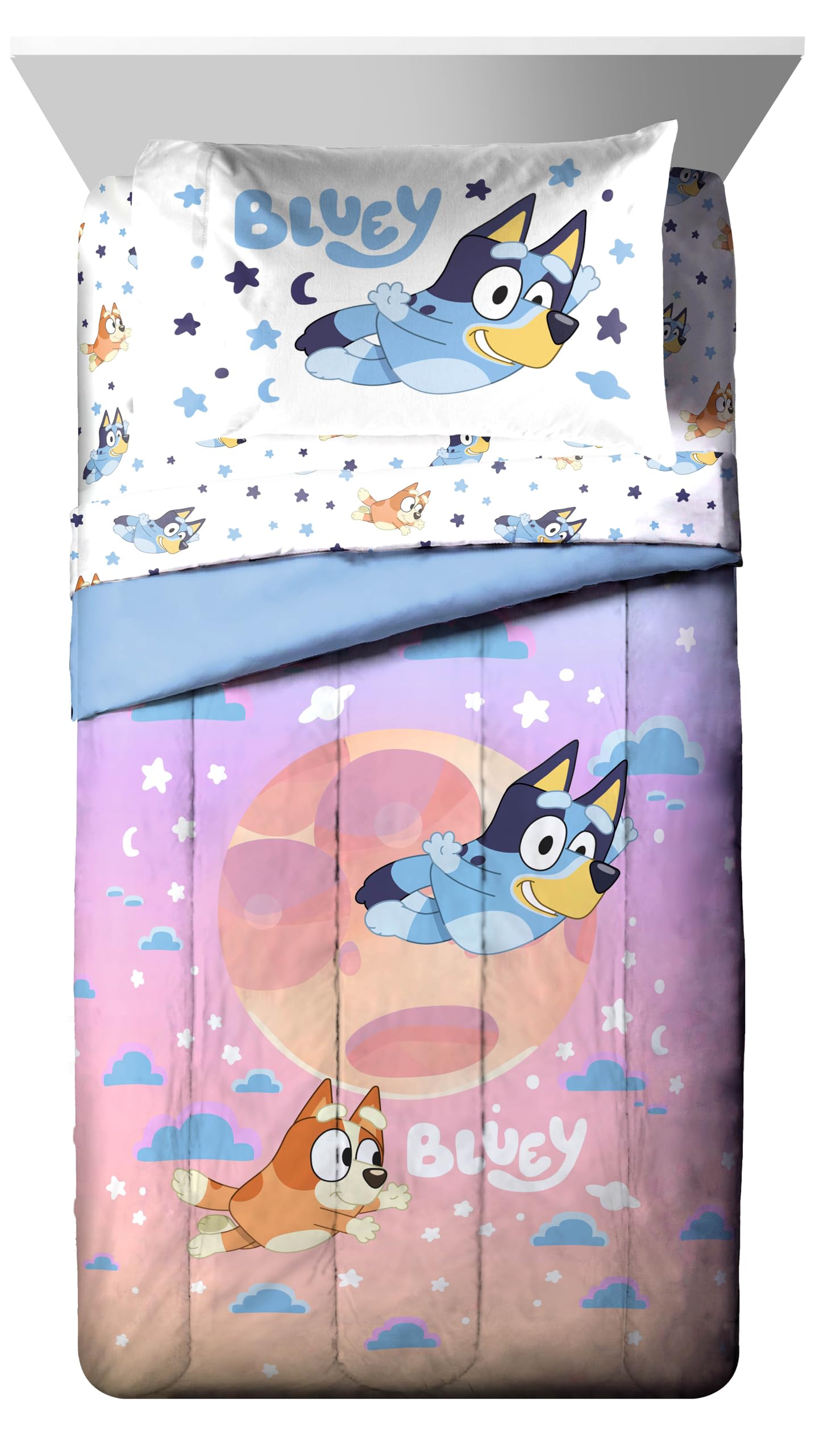 Jay Franco Bluey & Bingo 7-Piece Kids Comforter Set - Super Soft Clouds & Stars Bedding Includes Sheet Set & Pillow Covers - Perfect for Boys & Girls Bedrooms, Sleepovers & Nursery Decor