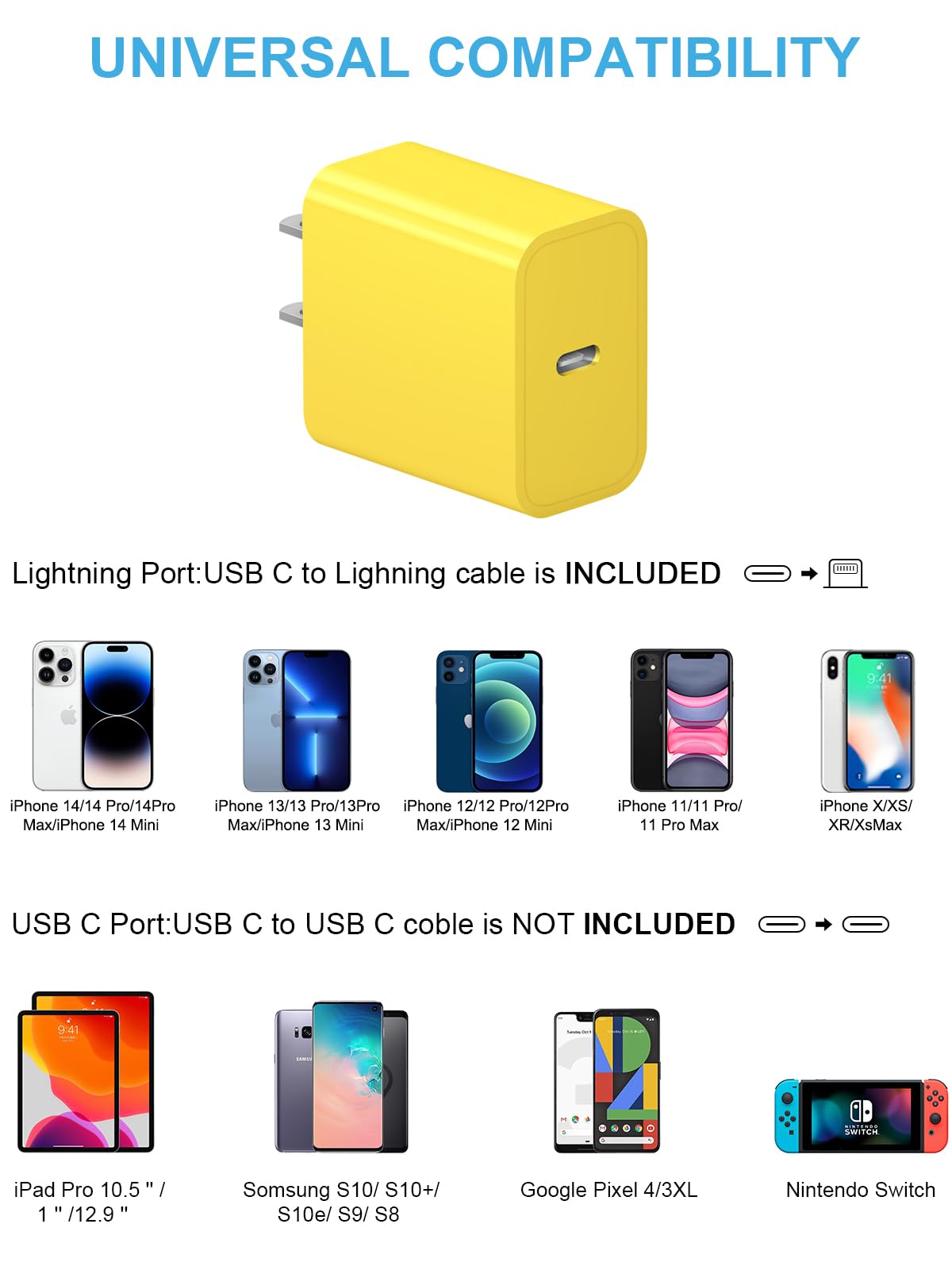 20W PD USB C Fast Charger with 6FT Cable - Compatible with iPhone 14/13/12/11/Pro/Max/Mini/Xs, iPad - Yellow - Perfect for Home, Office & Travel Charging