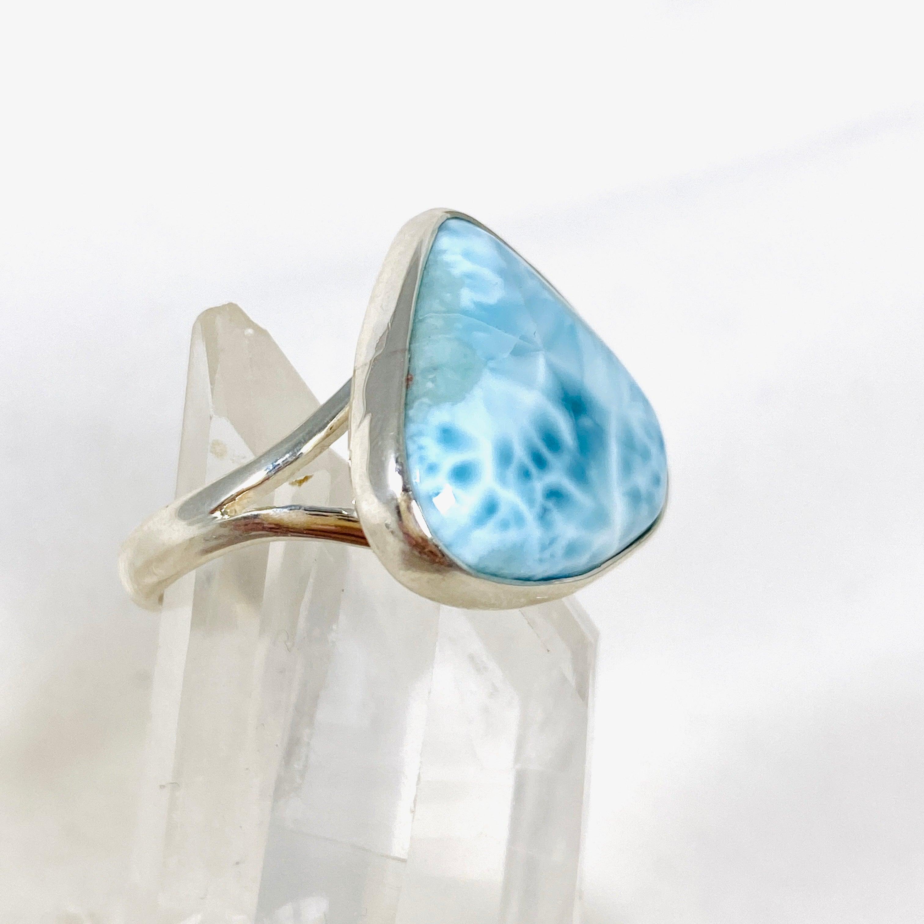 Larimar Teardrop Ring Size 8 KRGJ3088 - Genuine Dominican Blue Stone Silver Jewelry for Women, Perfect for Beach Weddings & Boho Fashion