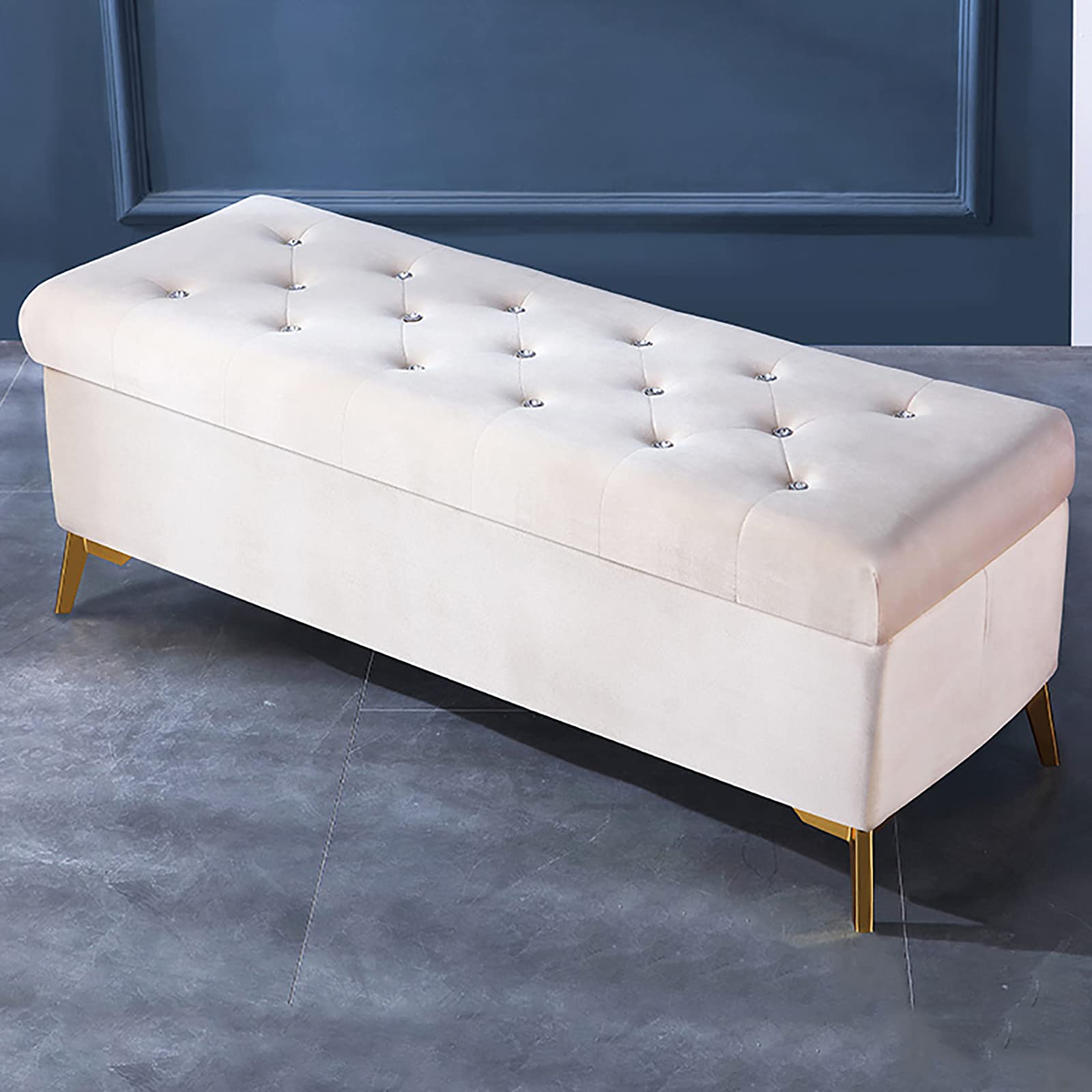 Luxury Velvet Upholstered Storage Ottoman Bench with Crystal Buttons - Cream White (60x42x45cm/24x17x18in) - Modern Living Room Furniture, Bedroom Footrest, Entryway Shoe Storage Bench - Perfect for Small Space Organization & Home Decor