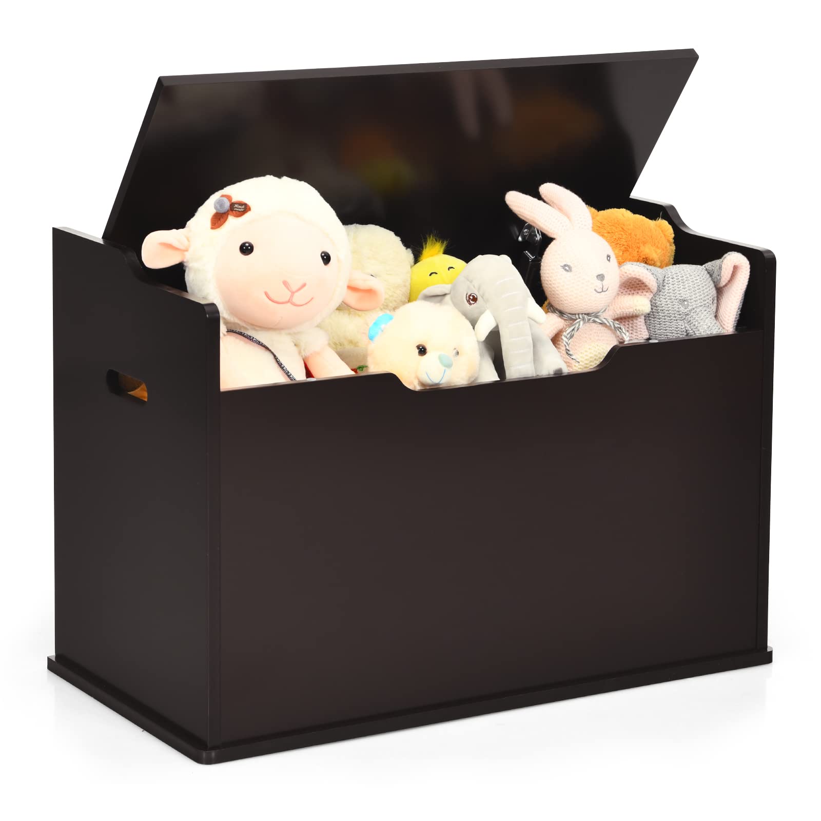 Costzon Modern Espresso Wooden Toy Chest with Bench Seat - Safe Finger-Pinch Prevention Lift-Top Storage Trunk for Kids' Bedroom, Playroom & Nursery - Multi-Functional Toy Organizer with Footrest for Entryway & Living Room