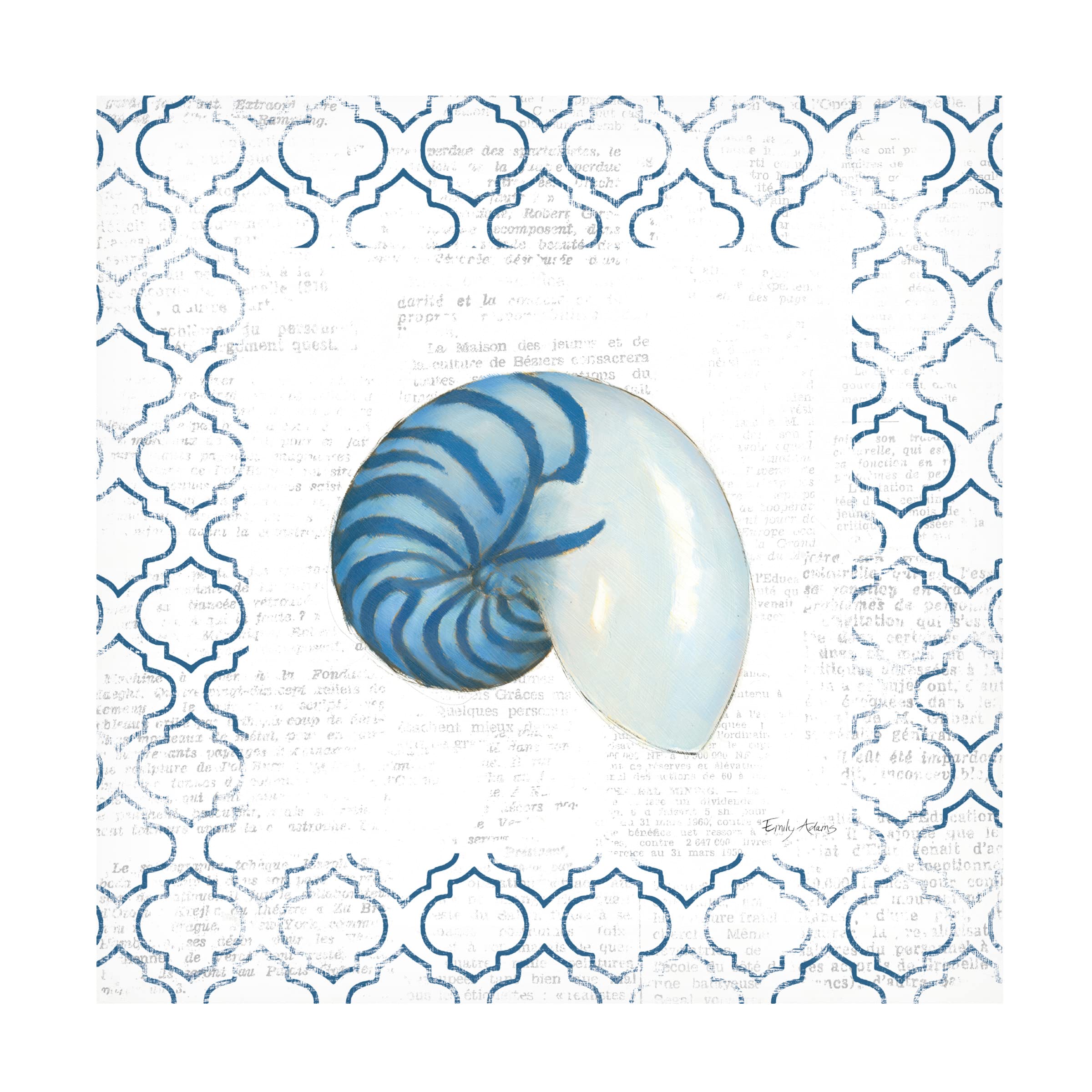 Emily Adams Navy Nautilus Shell on Newsprint Canvas Art Print - Modern Coastal Wall Decor for Living Room, Bedroom & Office | Trademark Fine Art Collection
