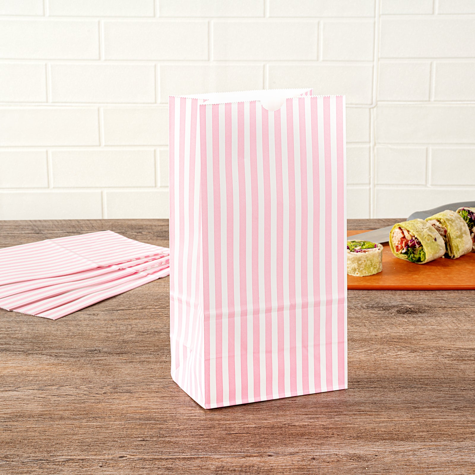 Pink and White Striped Paper Bags - 6 lbs Capacity, 6 x 3.5 x 10.75 Inches - Pack of 100 - Perfect for Party Favors, Gift Packaging, and Retail Shopping Bags