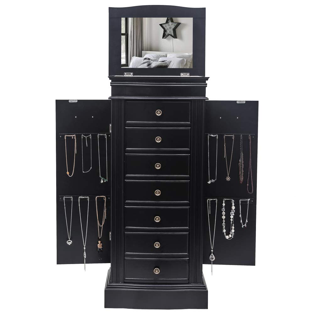 Premium Wooden Jewelry Armoire with 8 Drawers & Full-Length Mirror - Free Standing Jewelry Storage Cabinet Organizer for Necklaces, Bracelets, Earrings, Watches & Cosmetics - Perfect for Bedroom, Closet or Dressing Room Organization