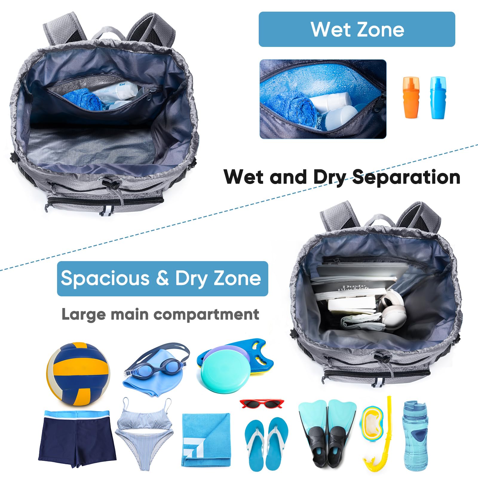 **Large Waterproof Beach Backpack - Sandproof Oversized Drawstring Pool Bag with Shoe Compartment for Swimwear, Towels & Toiletries | Perfect for Travel, Gym & Outdoor Activities**