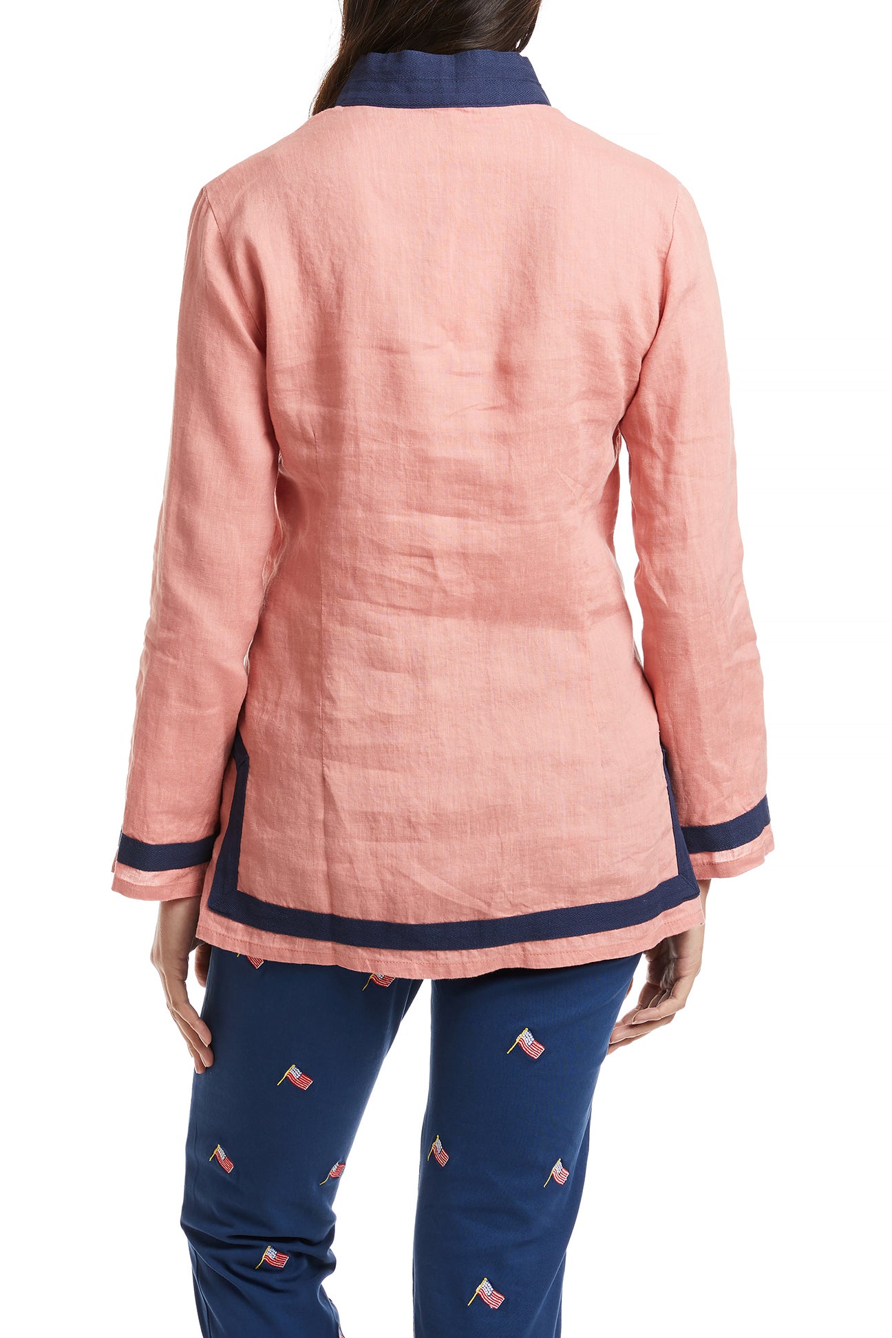 Stylish Nantucket Red Linen Tunic Top with Navy Trim - Perfect for Summer Outings & Beach Vacations