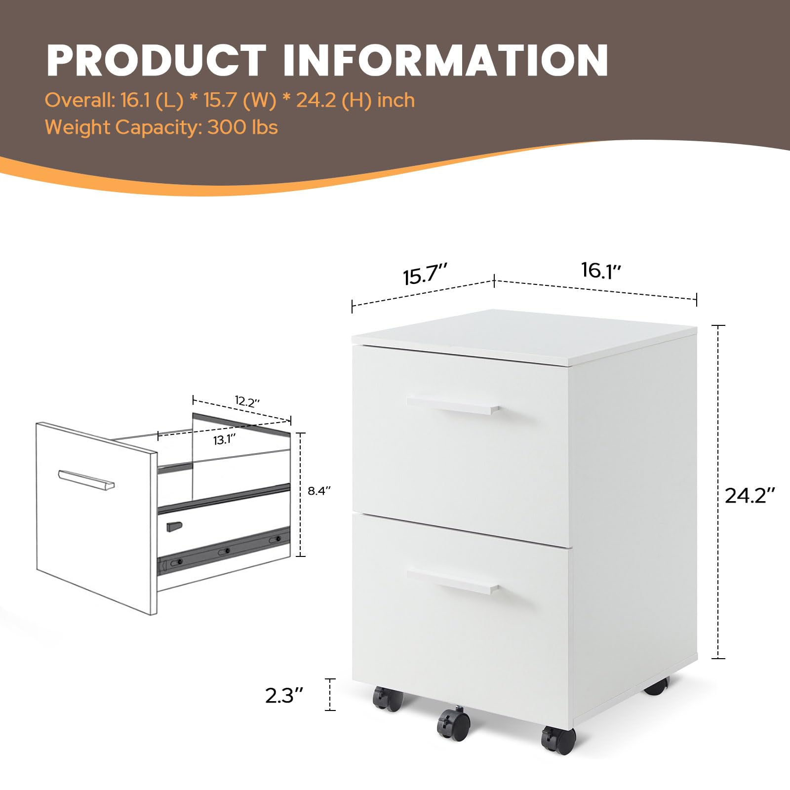 VICLLAX 2-Drawer Rolling File Cabinet with Wheels - White Wooden Mobile Storage Organizer for Home Office, Under Desk Filing Cabinet - Perfect for Document Storage & Workspace Organization
