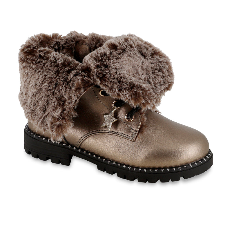 Mayoral Faux Fur Lined Bronze Biker Boots for Women - Winter Fashion Motorcycle Ankle Booties - Perfect for Cold Weather, Riding & Street Style Outfits