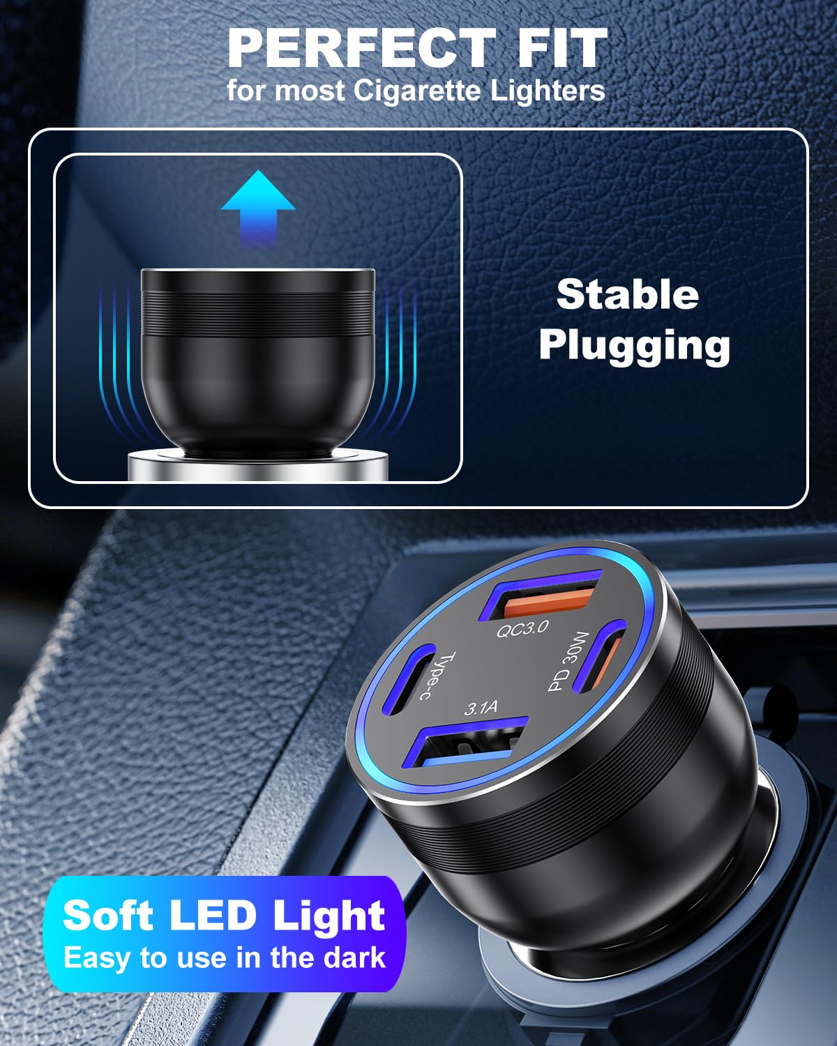 65W 4-Port USB C Car Charger with PD30W/QC3.0 Fast Charging - Compatible with iPhone 16/15 Series, iPad - Includes 6FT Braided USB C to C Cable - Perfect for Road Trips, Commuting & Multi-Device Charging in Car