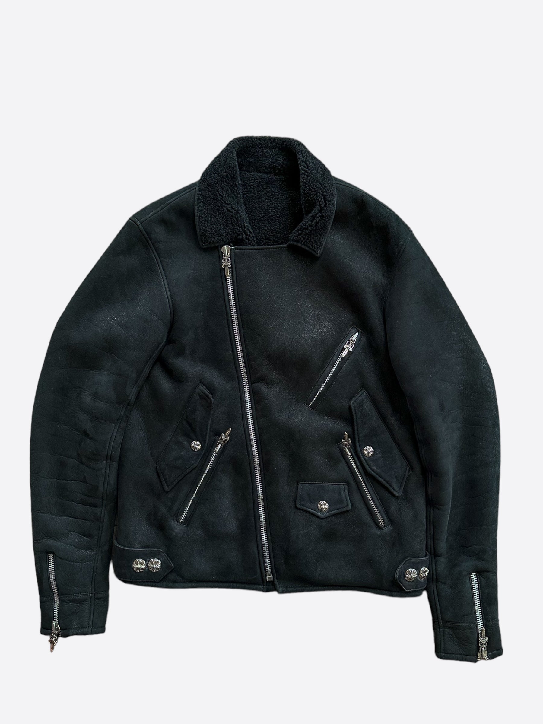 Chrome Hearts Black Shearling Biker Jacket for Men | Genuine Leather Motorcycle Jacket | Winter Fashion Outerwear for Riding & Street Style
