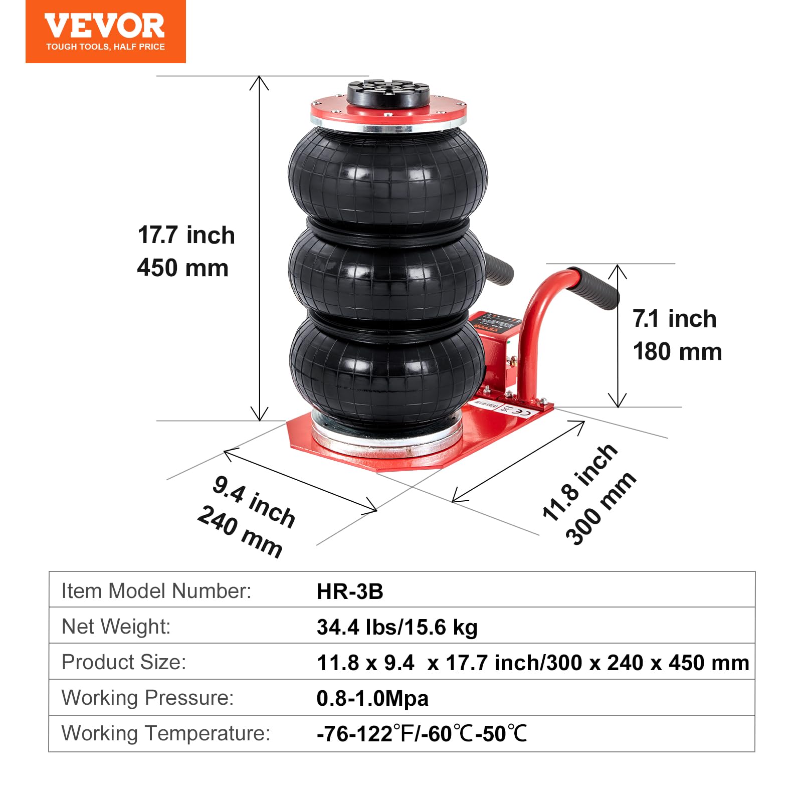 VEVOR 3 Ton (6600 lbs) Triple Bag Air Jack - 15.75 Inch Lift Height, Fast 3-5 Second Inflation - Compact Car Jack with Short Handle (Red) - Ideal for Emergency Roadside Repairs, Tire Changes & Vehicle Maintenance