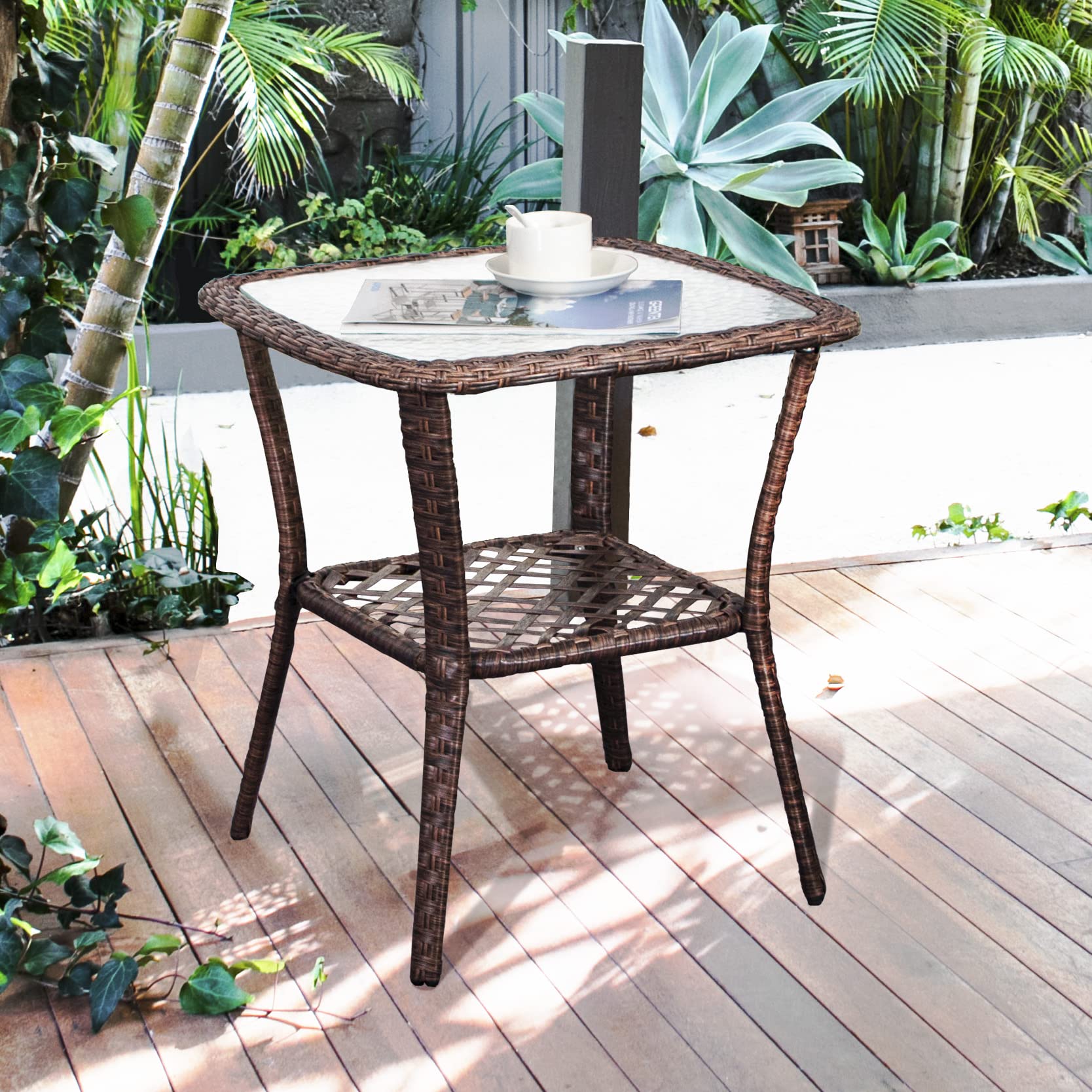 DIMAR GARDEN Outdoor Wicker Side Table with Glass Top and Storage Shelf - Brown Patio Coffee Table for Garden, Balcony & Poolside Decor