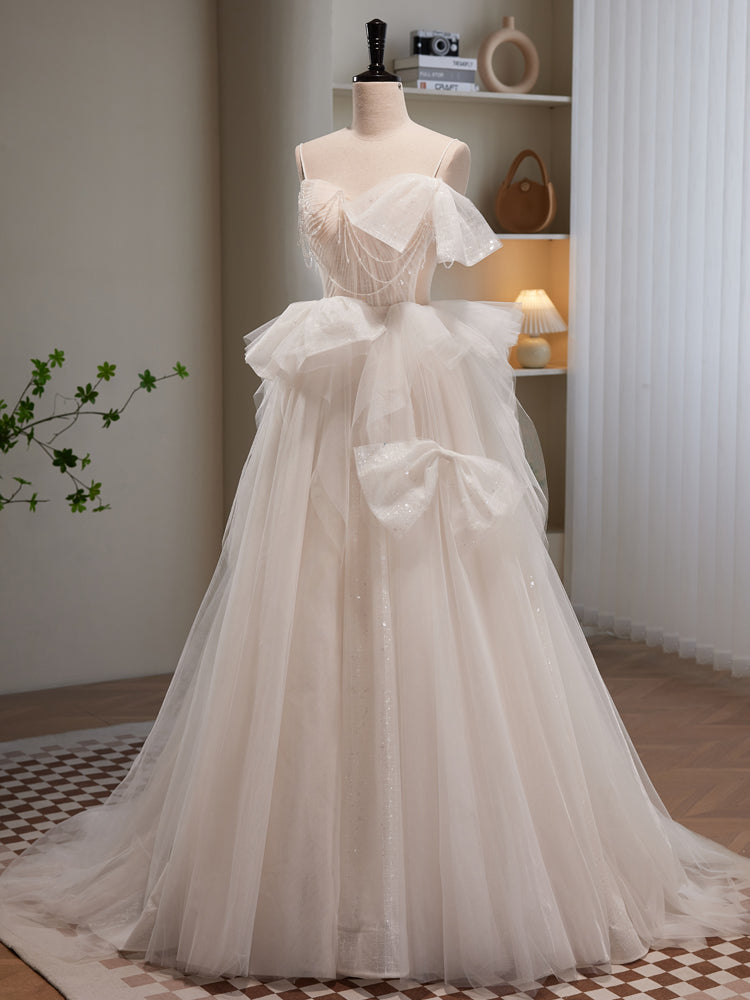 Elegant Light Champagne Tulle Beaded Long Prom Dress - Formal Evening Gown for Homecoming, Wedding, and Special Occasions