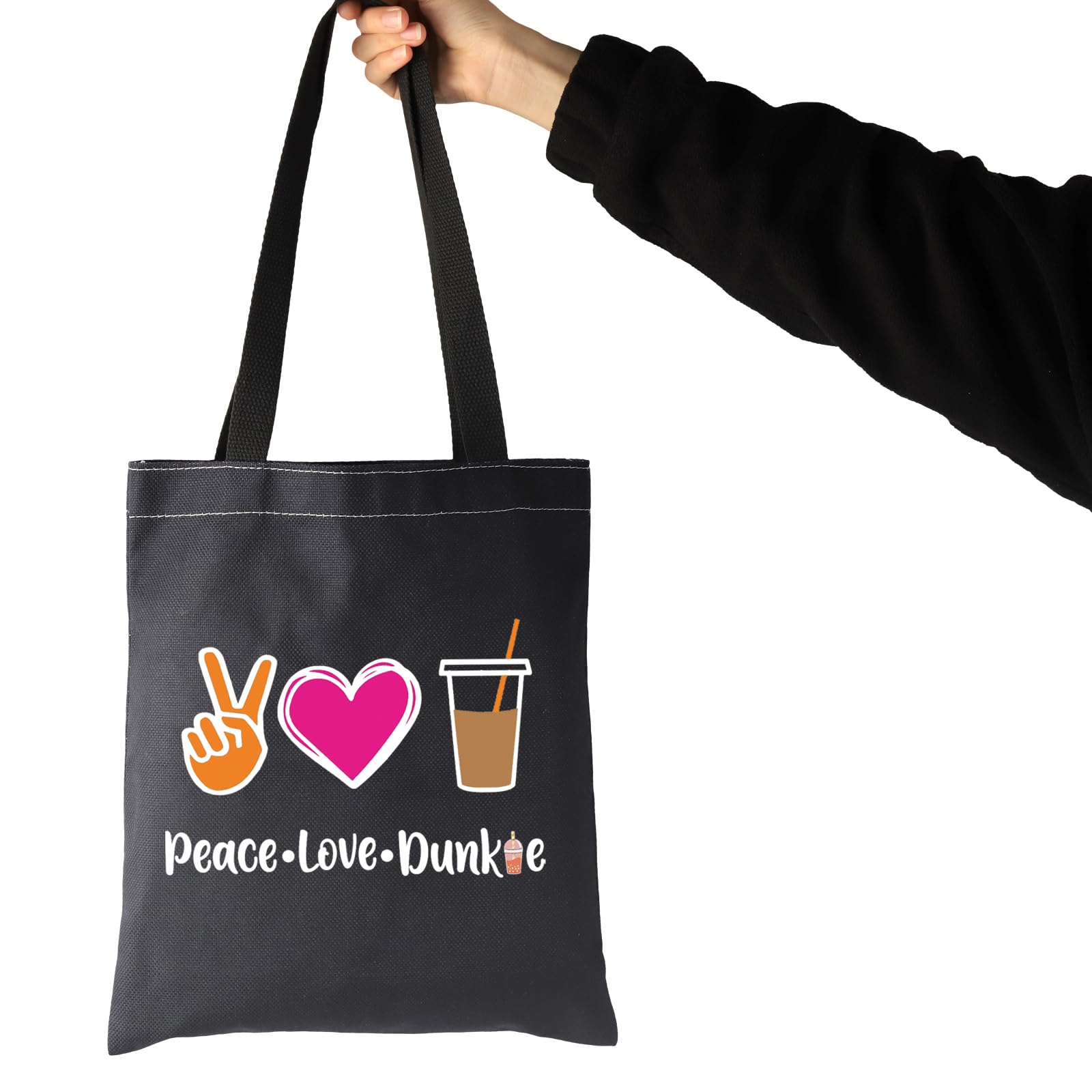 JXGZSO Peace Love Donut Junkie Tote Bag - Cute Coffee & Donuts Themed Cosmetic Pouch - Perfect Gift for Donut Lovers, Coffee Enthusiasts & Shopping - Great for Makeup Storage, Travel Essentials & Daily Use