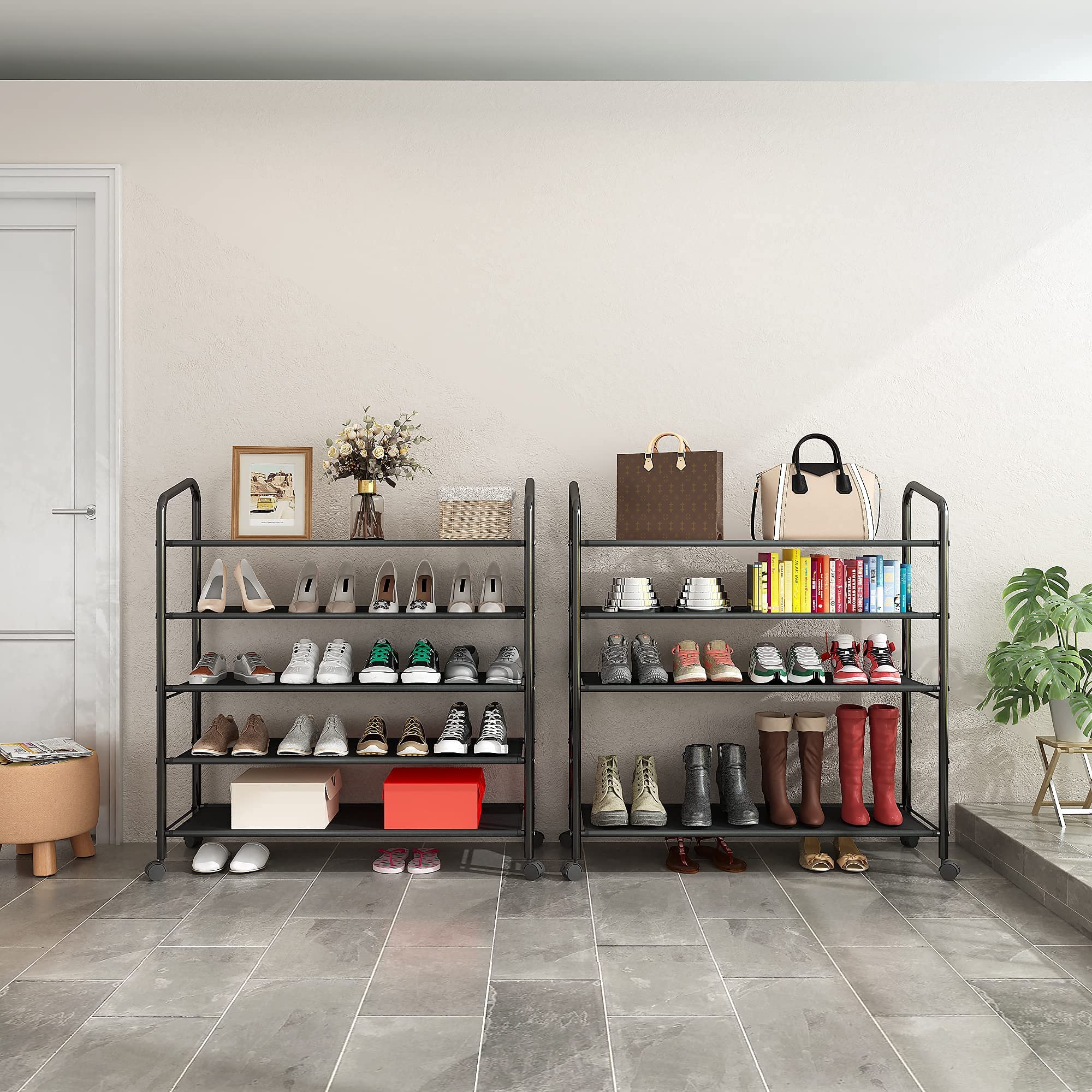5-Tier Black Metal Shoe Rack Organizer with Wheels - Sturdy Rolling Shoe Storage Shelf for Entryway, Closet, Garage & Floor - 31-Inch Wide Fabric Shelves for Sneakers, Boots & Sandals - Space-Saving Home Organization Solution