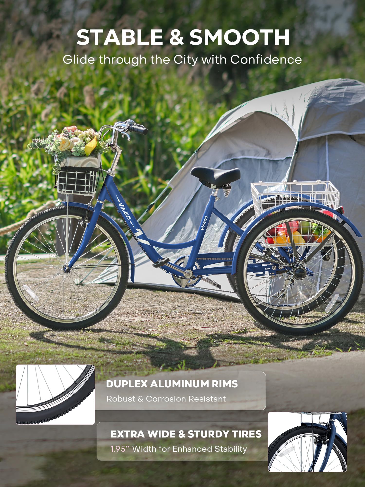 Viribus 7-Speed Adult Tricycle with Removable Front & Rear Baskets - 24/26 Inch 3-Wheel Bike for Men & Women - 400lb Capacity - Perfect for Grocery Shopping, Senior Rides & Outdoor Recreation
