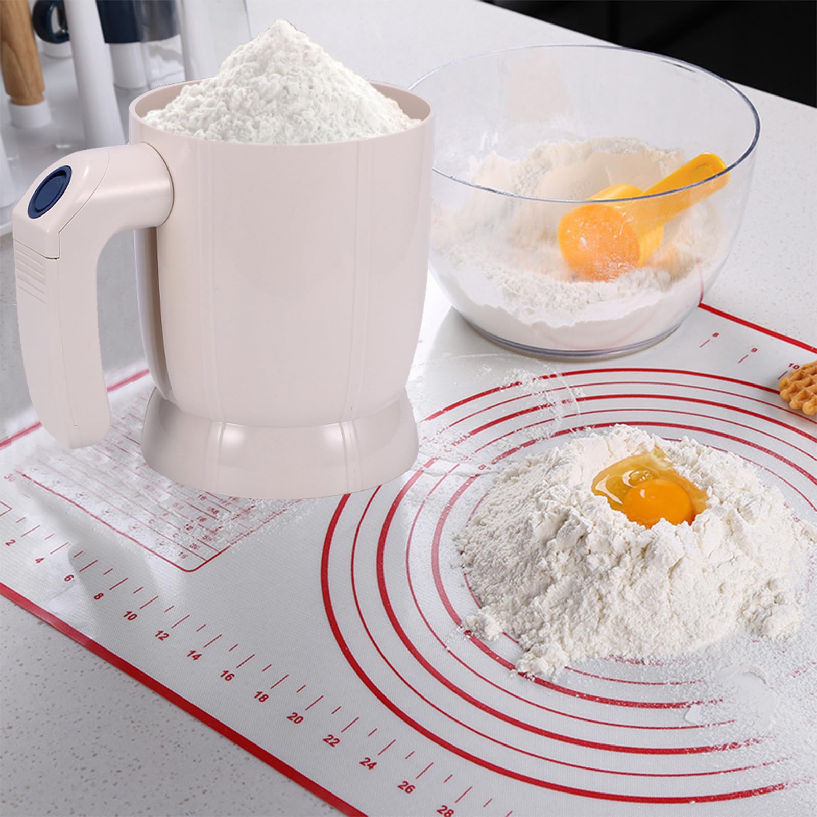 Electric Flour Sifter with Dough Scraper & Flour Spoon - 4 Cup Battery Powered Handheld Sieve for Baking | Perfect for Quick Sifting Flour, Cake Mixing & Cookie Dough Prep
