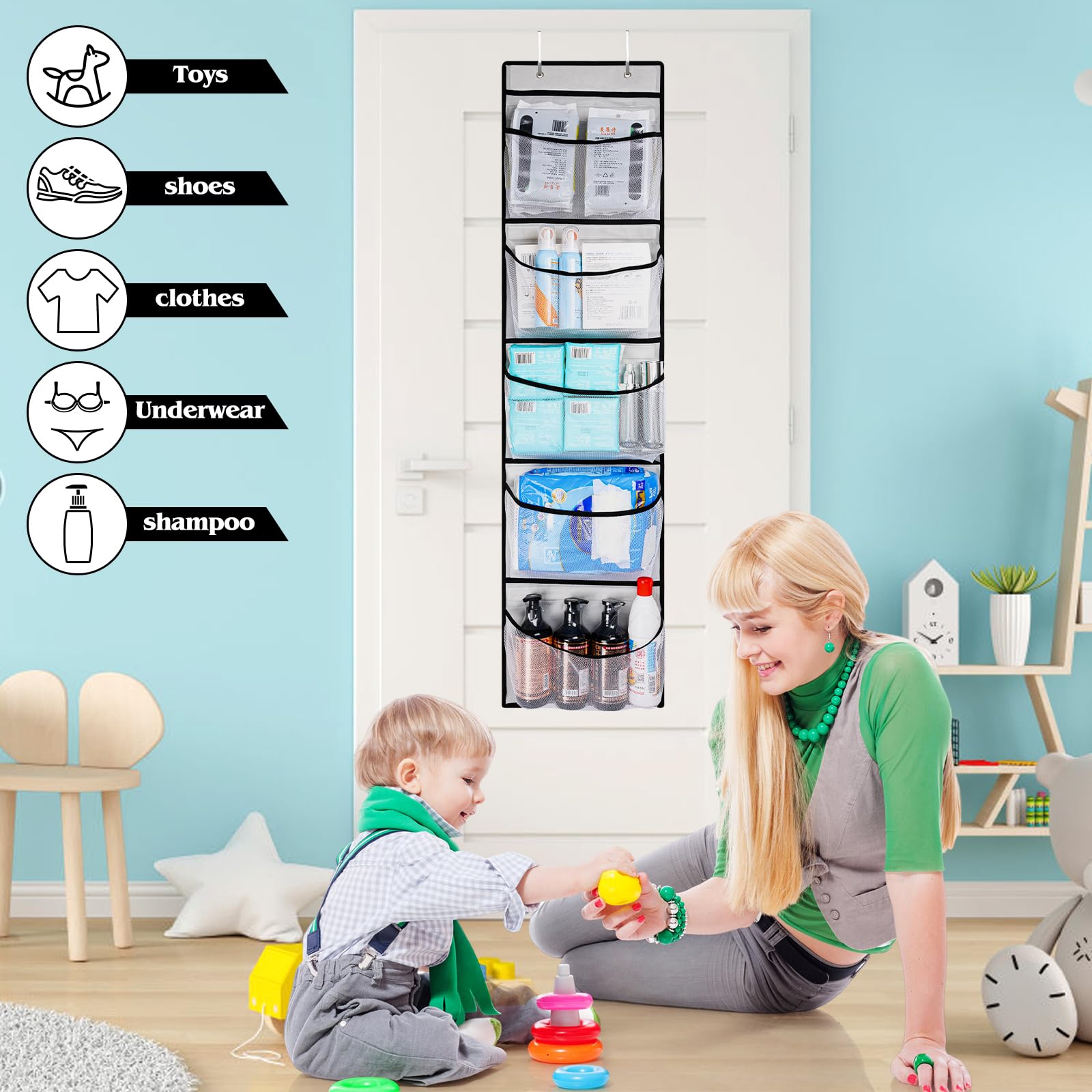 Over the Door Hanging Shelves with 5 Mesh Pockets - 2 Pack Closet Organizer for Bathroom, Bedroom & Closet Storage - Perfect for Weekly Clothes Organization & Space Saving