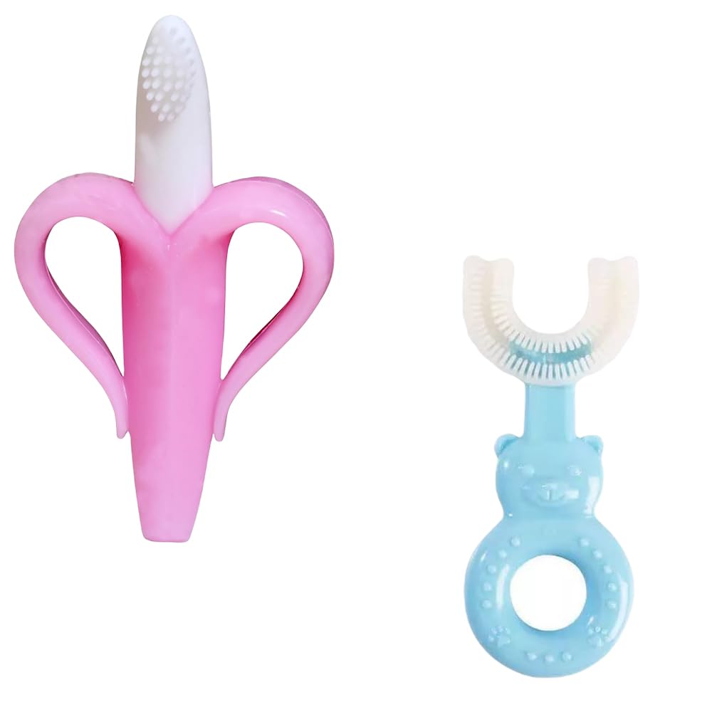 Joy Buzz Banana Shape Baby Brush & U Shape Toothbrush Set - Soft Silicone Teething Toy for Infants | BPA-Free, Non-Toxic & Easy to Clean | Perfect for Teething Relief & Oral Care (Pink & Blue) - Ideal for Newborns, Babies & Toddlers at Home or Travel